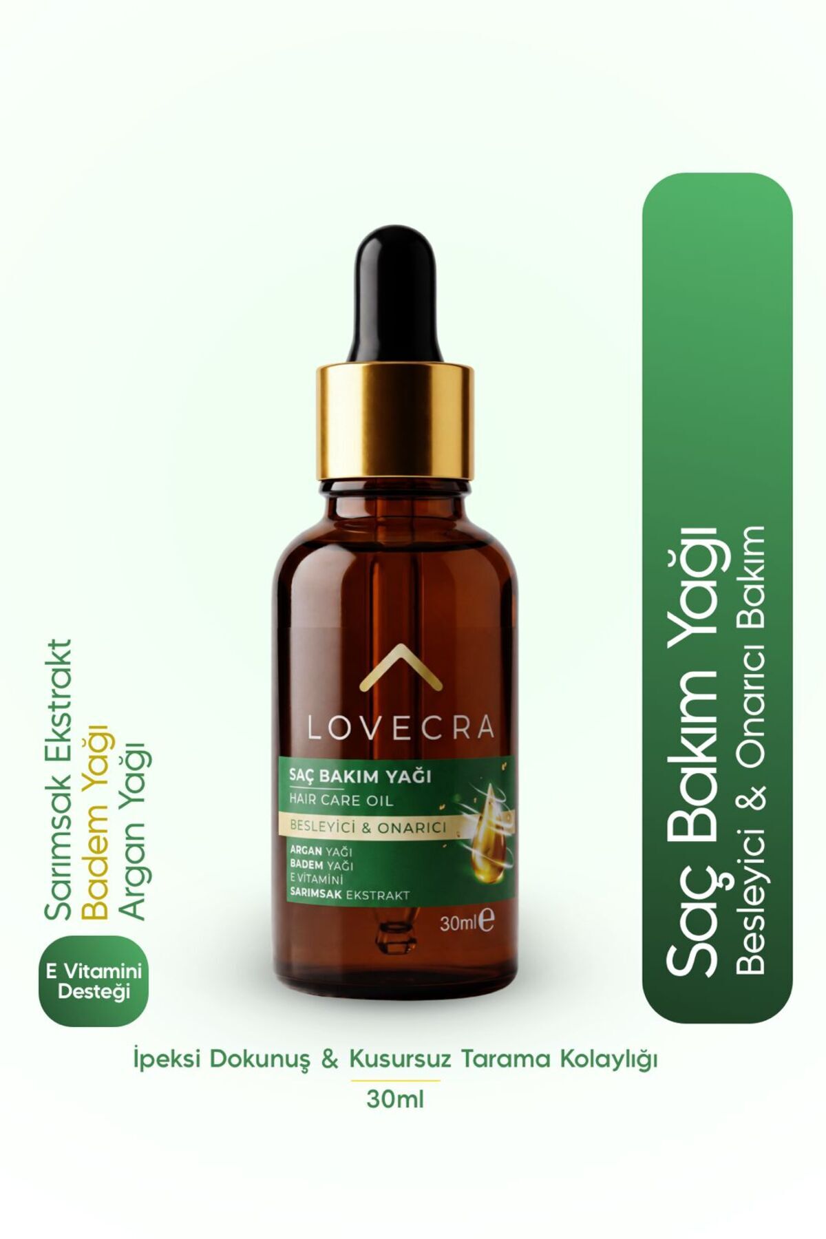 LOVECRA Saç Bakım Yağı Badem Argan Yağı E Vitamini Sarımsak Ekstraktı Besleyici Güçlendirici Onarıcı 30 ml — SAÇ-SERM