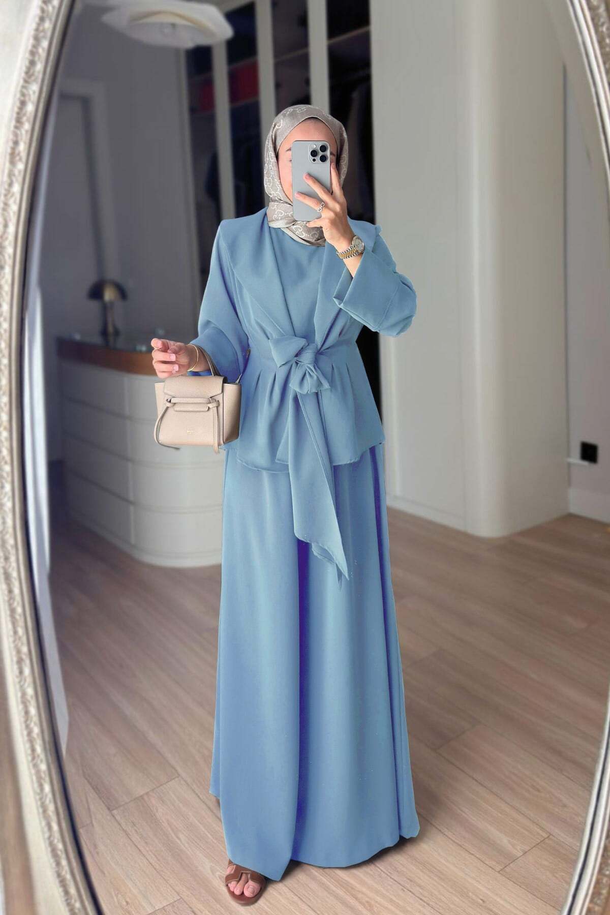 Ka Hijab Belt Detailed Padded Triple Set - Blue