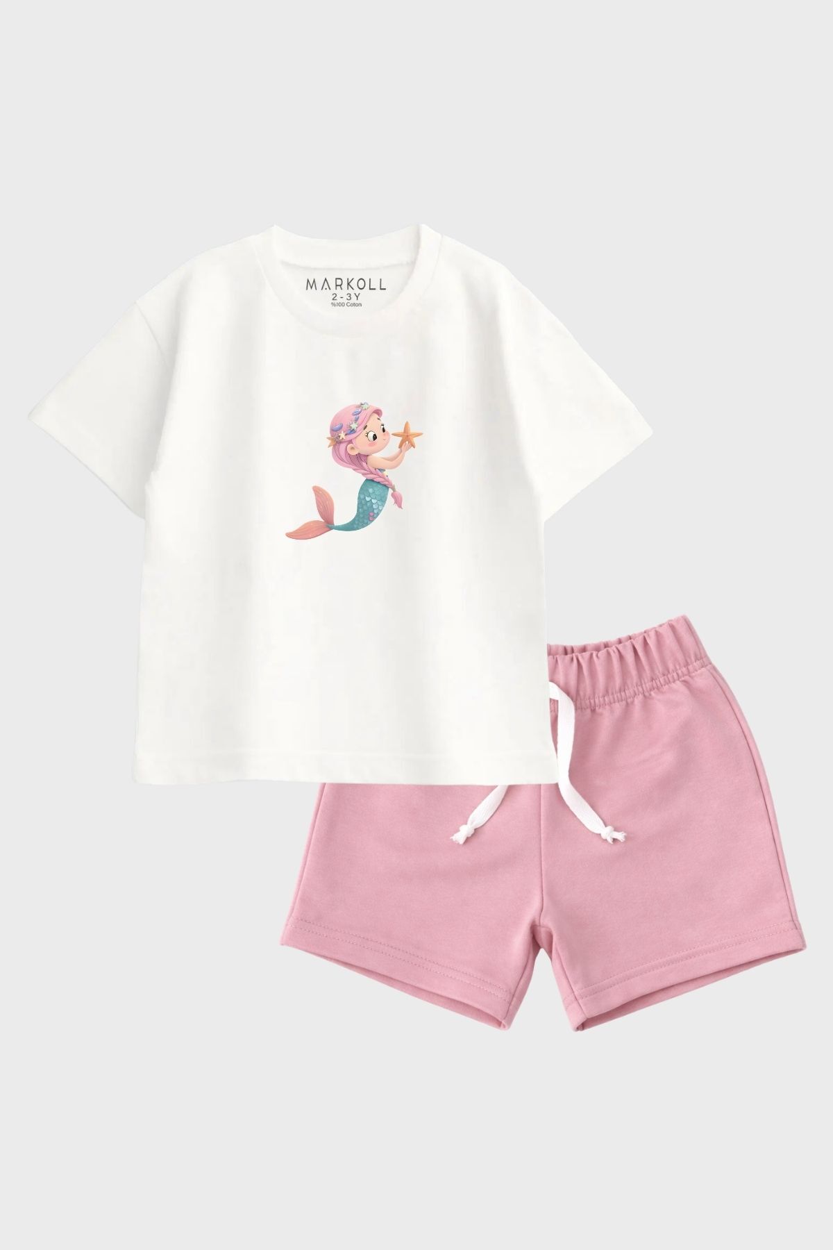 Girls Mermaid Printed Shorts Set 100% Cotton Summer Two Piece Set Pink (1-5 Years)