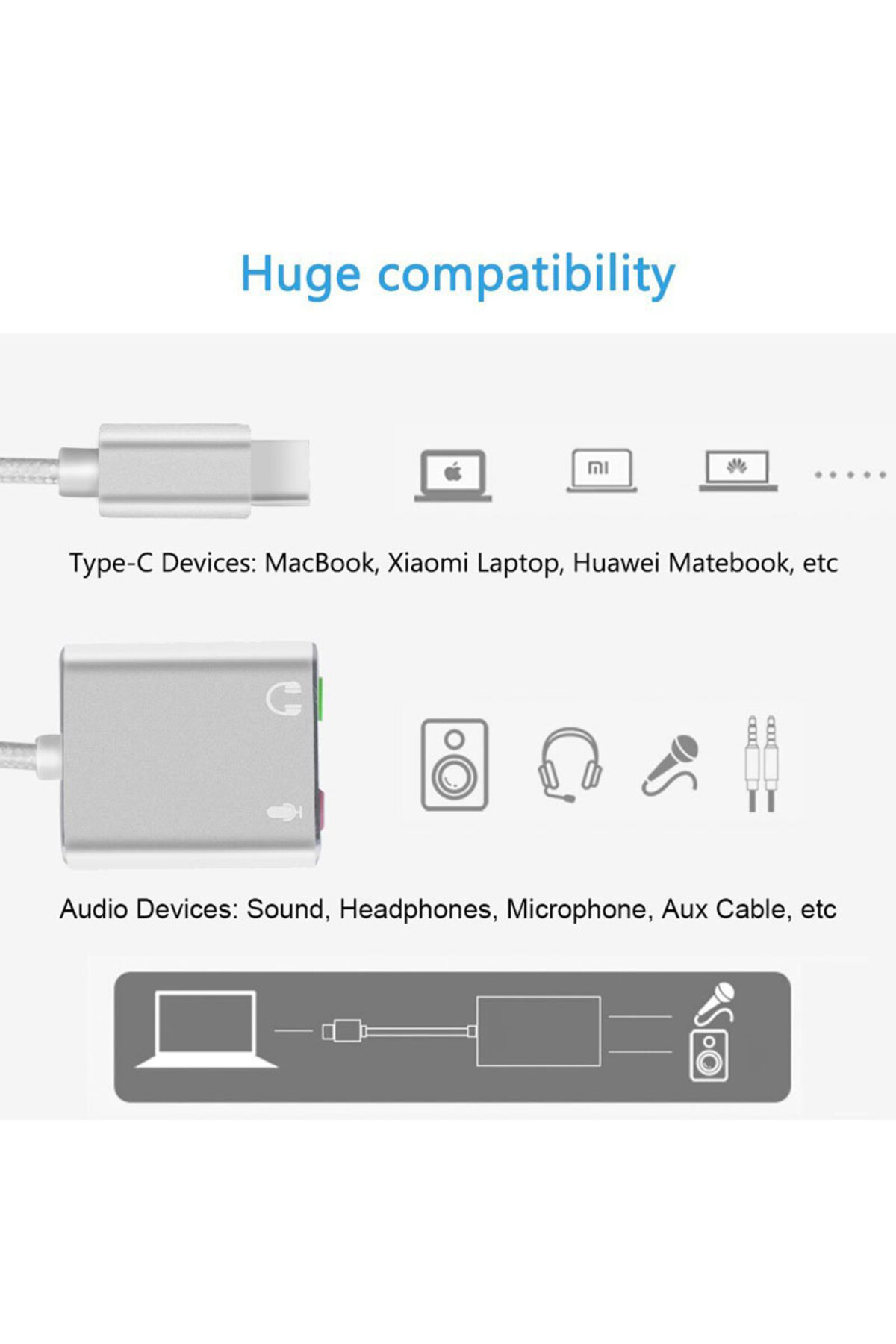 Type-C To 3.5mm Jack Çevirici USB-C To Kulaklık Mikrofon Ses Kartı Adaptör Notebook PC Dönüştürücü