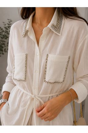 ZGfashion Kadın Taş Detaylı Bel Bağlamalı Oversize Gömlek Tunik Yaka ve Cep İ...