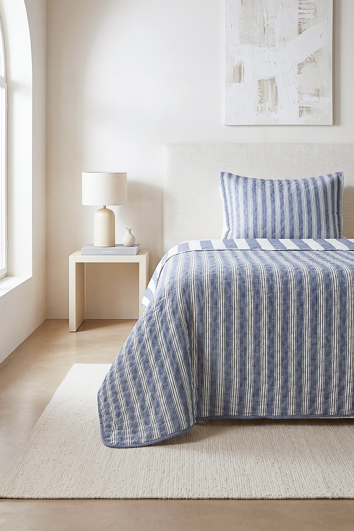 Cotton Quilted Navy Blue Color Line Pattern Single Bedspread Set 180x230+50x70