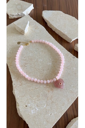 suayjewellery Pembe kuvars taş kalp kolye