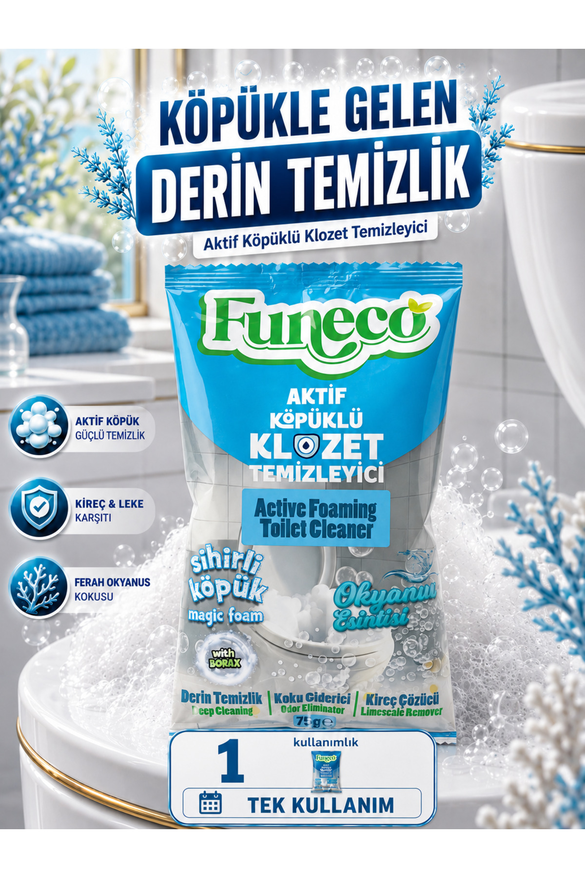 FUNECO Klozet Tuvalet WC Temizleyici, Aktif Köpüklü, Doğa Dostu