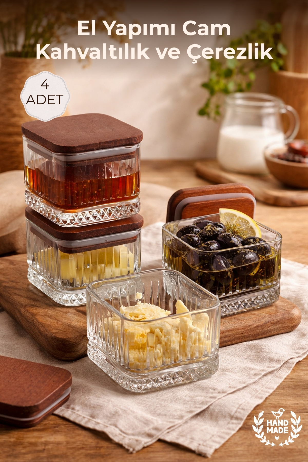 Handmade Glass, Set of 4 Square, Breakfast and Snack Bowl