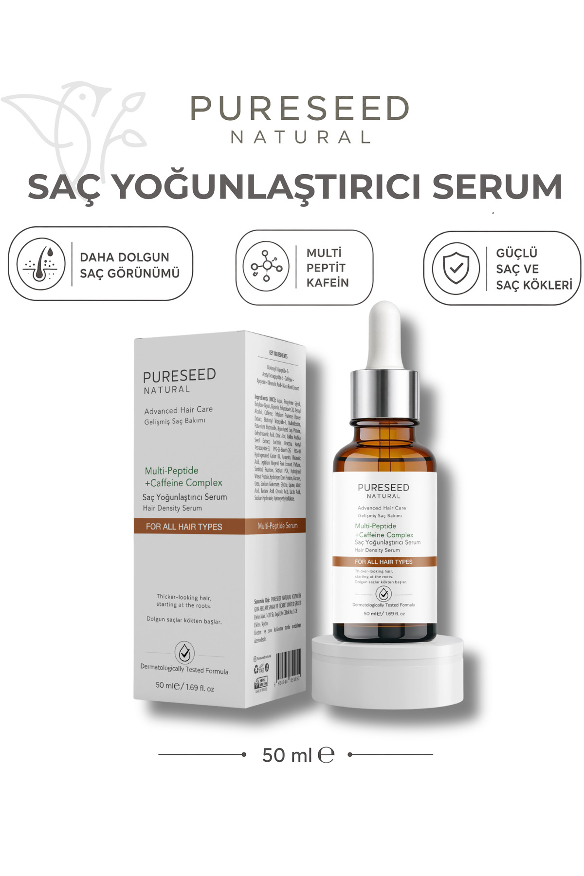 PURESEED NATURAL Saç Yoğunlaştırıcı Multi Peptit Kafein Kompleks Serum - 50ml — PUR0019