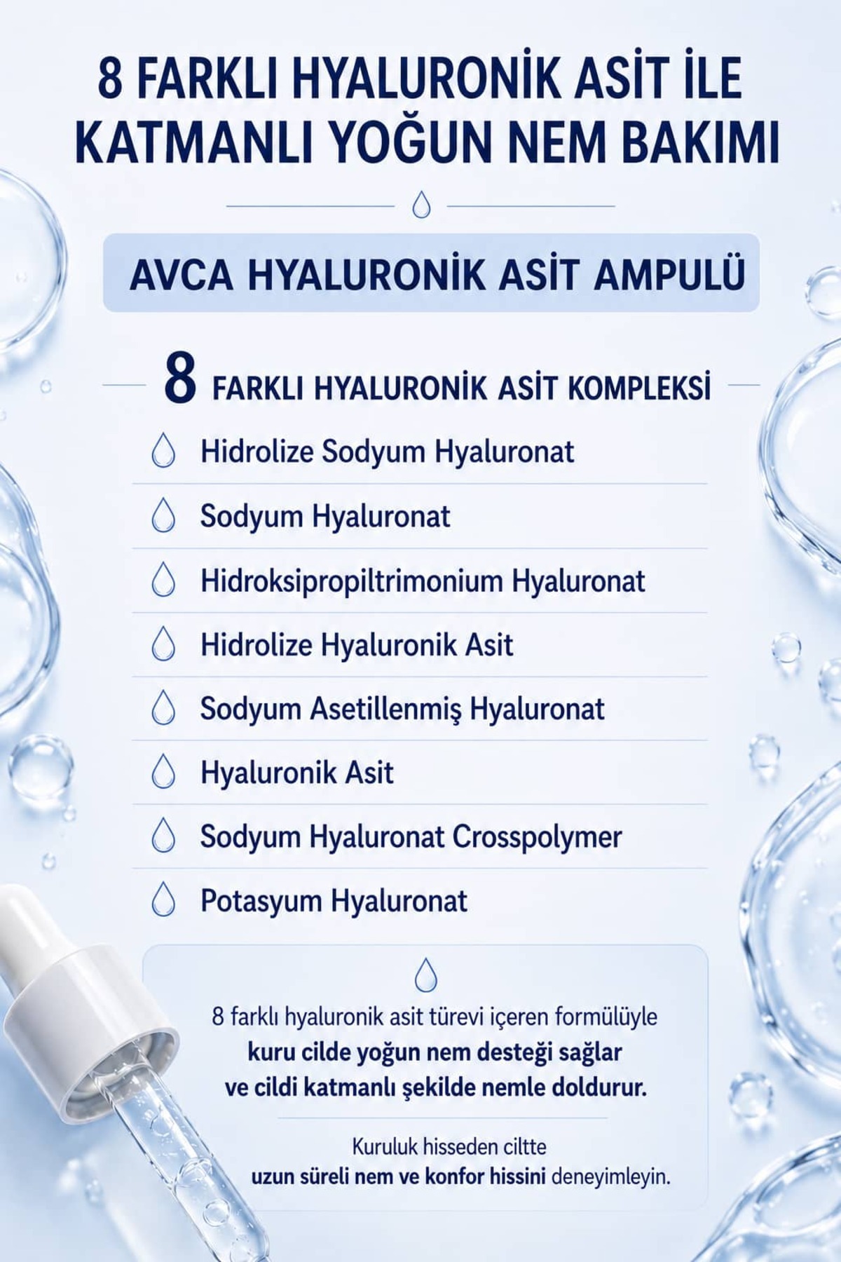 8 Çeşit Hyaluronik Asit ve Deniz Suyu İçeren Yoğun Nemlendirici, Kırışıklık Karşıtı, Aydınlatıcı Ampul - True Moisture Hyaluronic Acid Ampoule Serum 100 ml — AVC-AMP-HYA-100 — تصویر 5 از 8