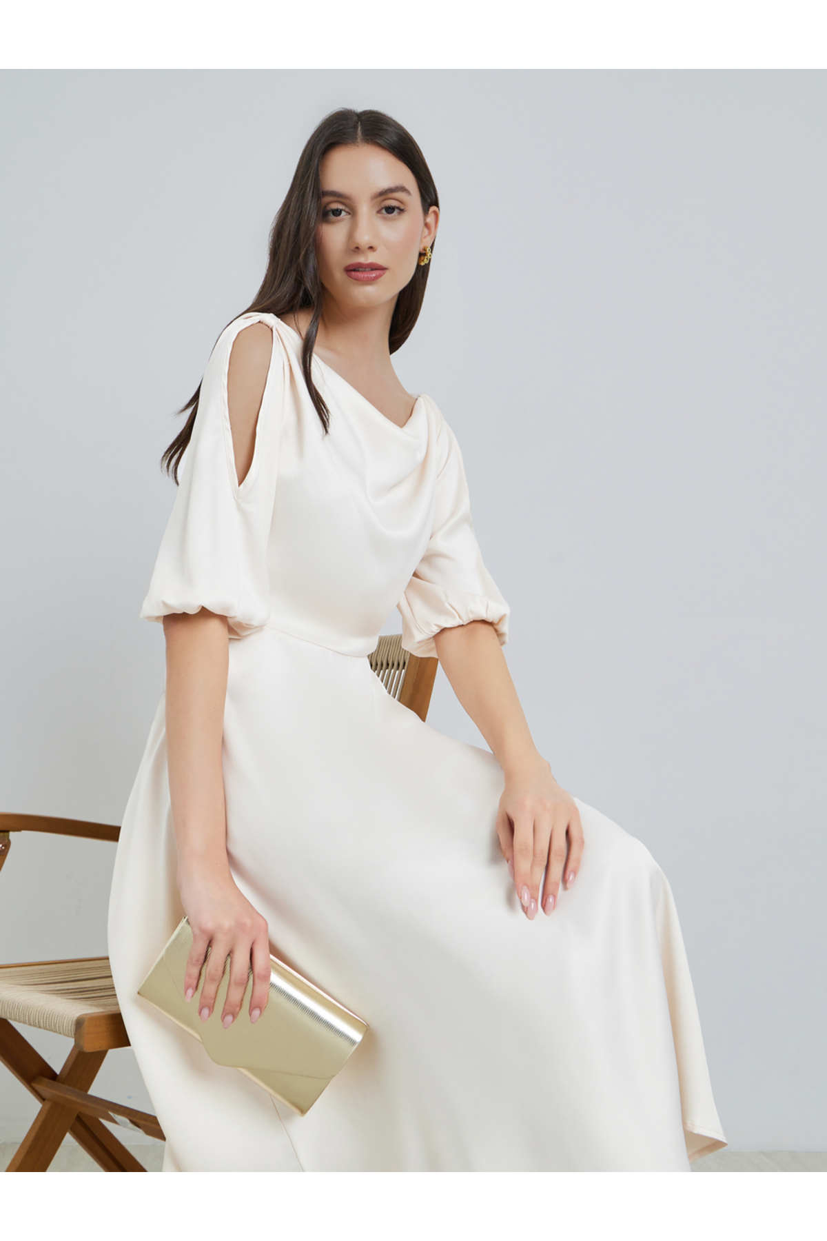 Take Two By Styli Cream Solid Cowl Neck Midi Dress