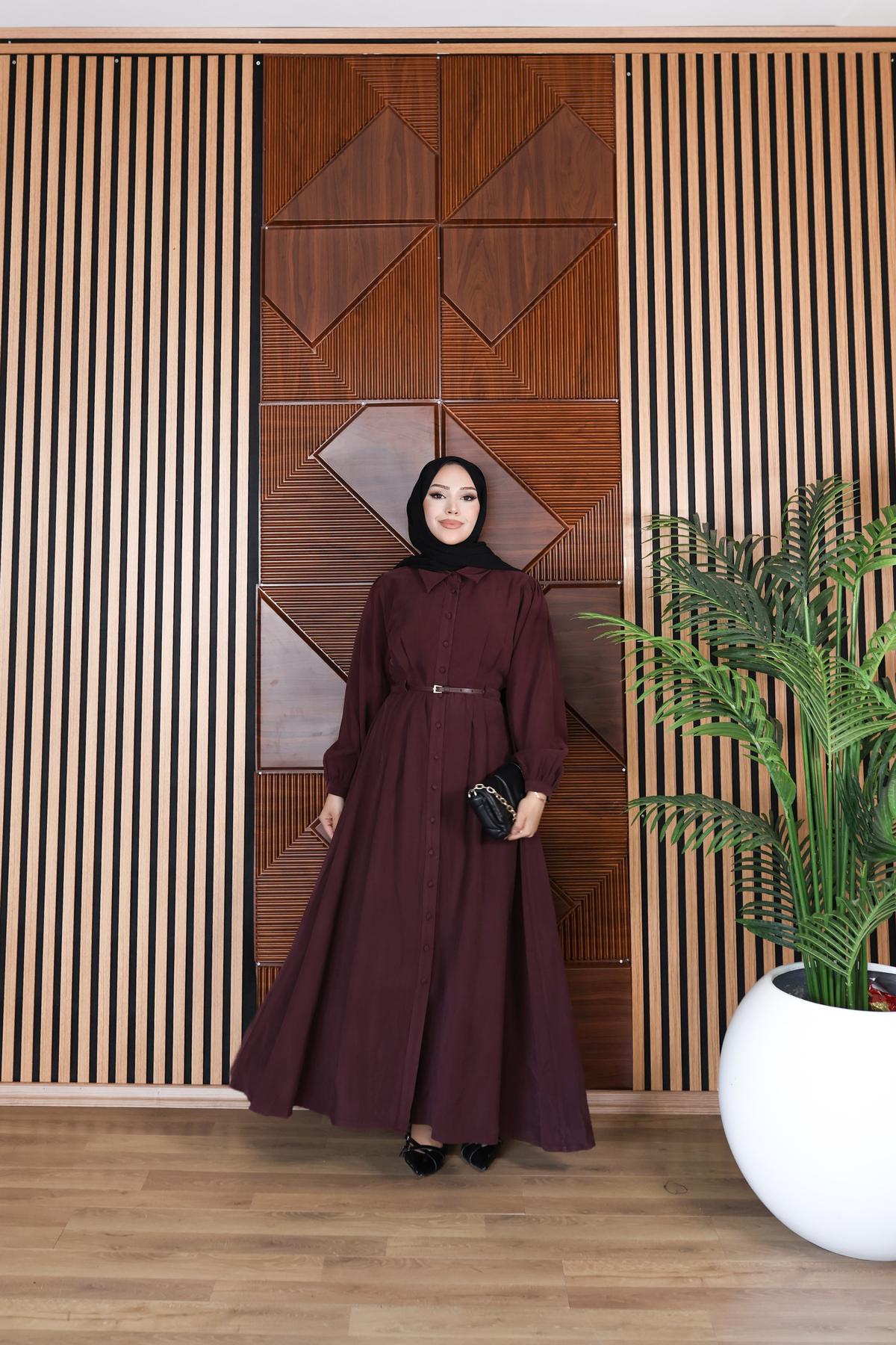 MiraMore Butik Belted Balloon Sleeve Shirt Collar Dress