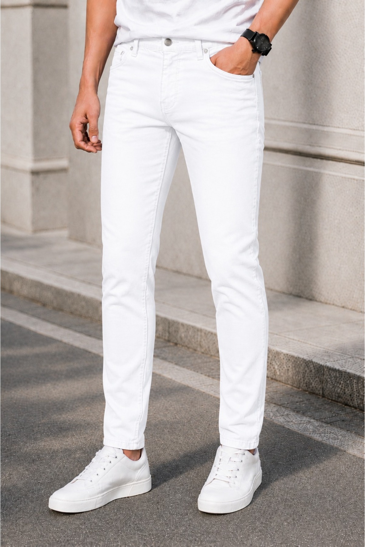 MODAMESTO Erkek Beyaz Slim Fit Likralı Jean Pantolon