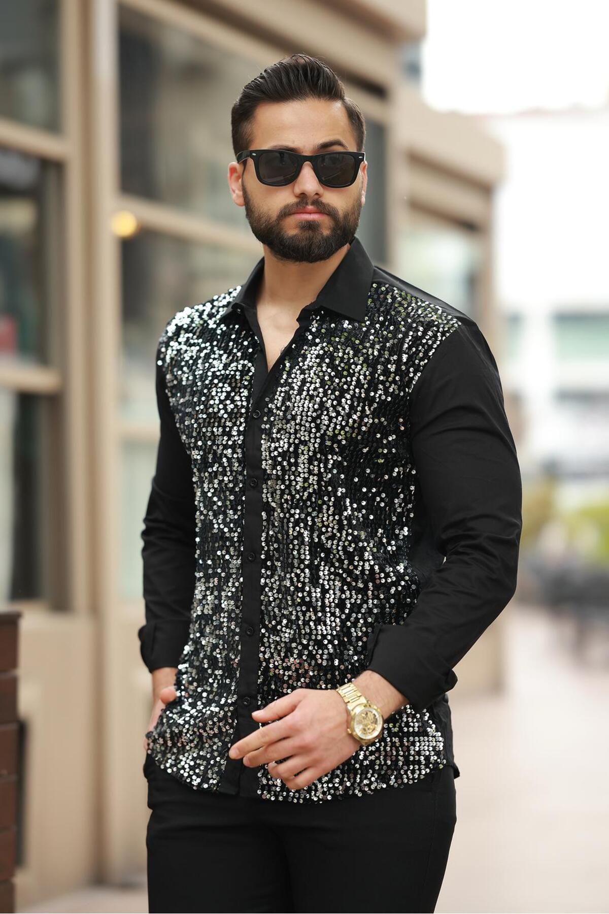 Erkek Payet Detaylı Slim Fit Siyah Uzun Kollu Sahne ve Gece Gömleği — سفید BAYIM PAYET DETAYLI