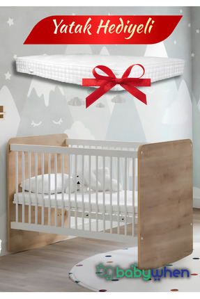 Babywhen Ahşap Sallanır Sabitlenir Kademeli Bebek Beşiği 60x120 + Yatak Hediyeli