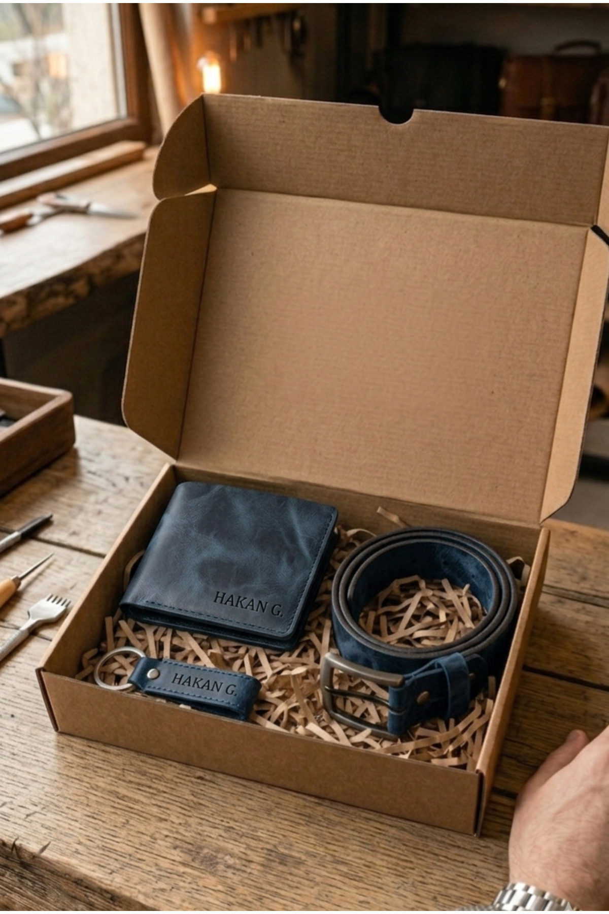 Genuine Leather Wallet with Personalized Name Belt and Keychain Gift Set