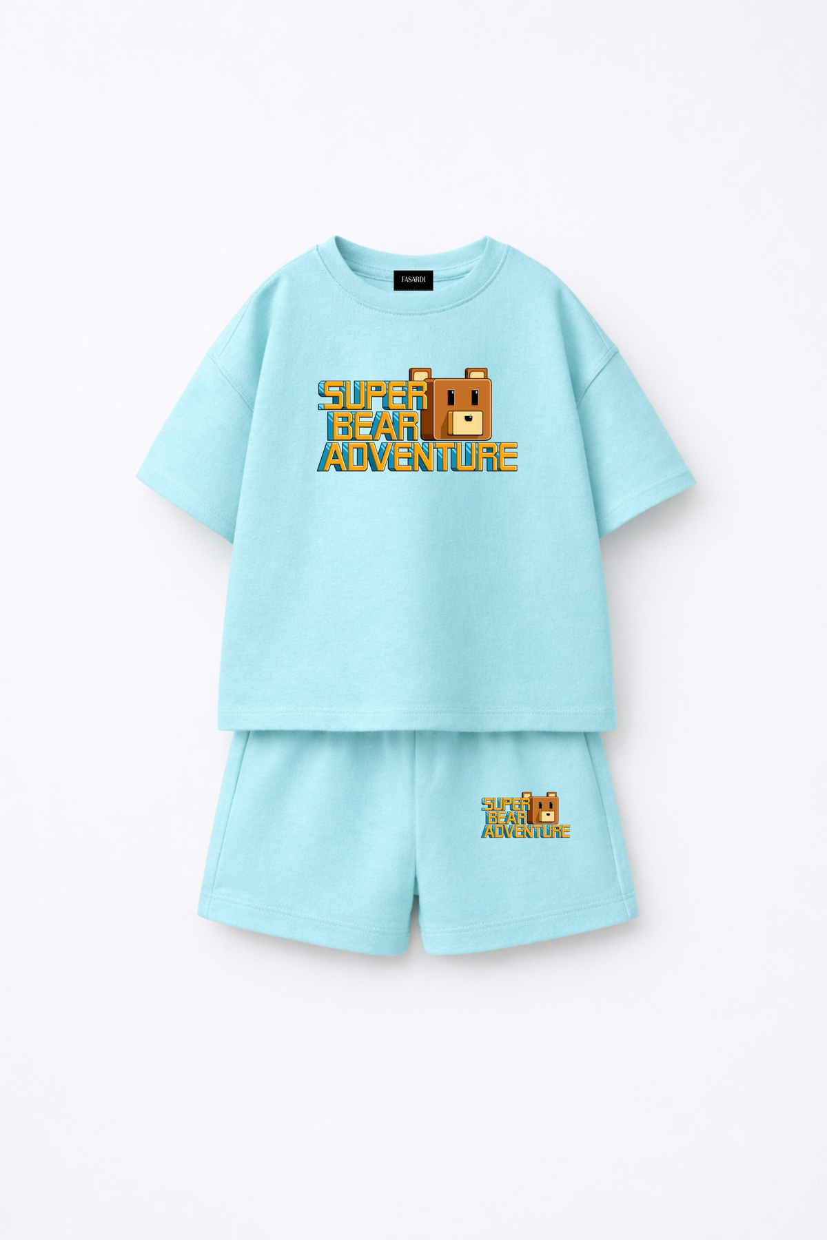Super Bear Adventure Super Bear Printed Oversize 100% Cotton T-Shirt Shorts 2pcs Kids Set