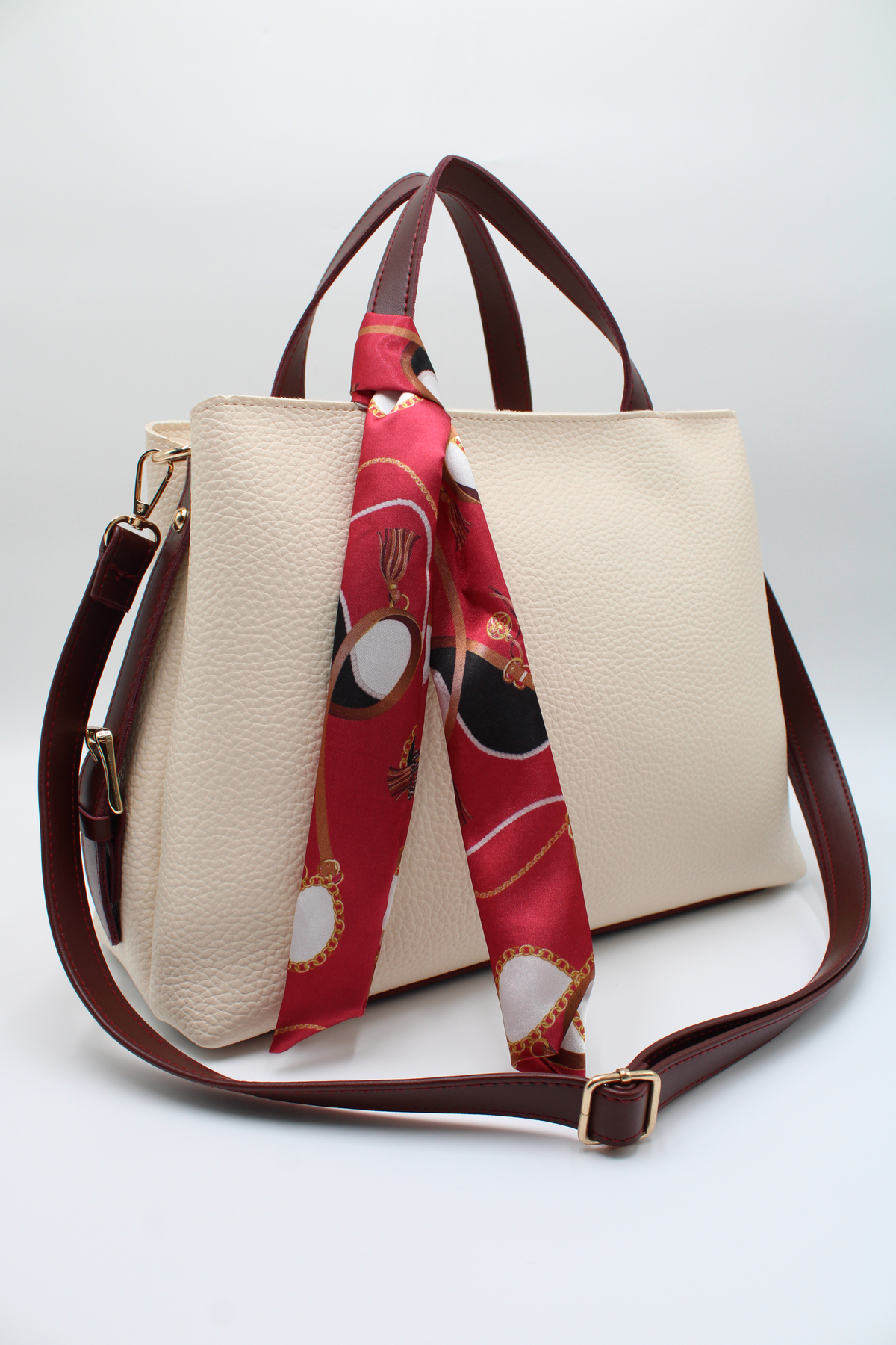Handy Crossbody Hand and Shoulder Bag for Women with Oversized Inner Pockets and Double Handle Scarf Detail