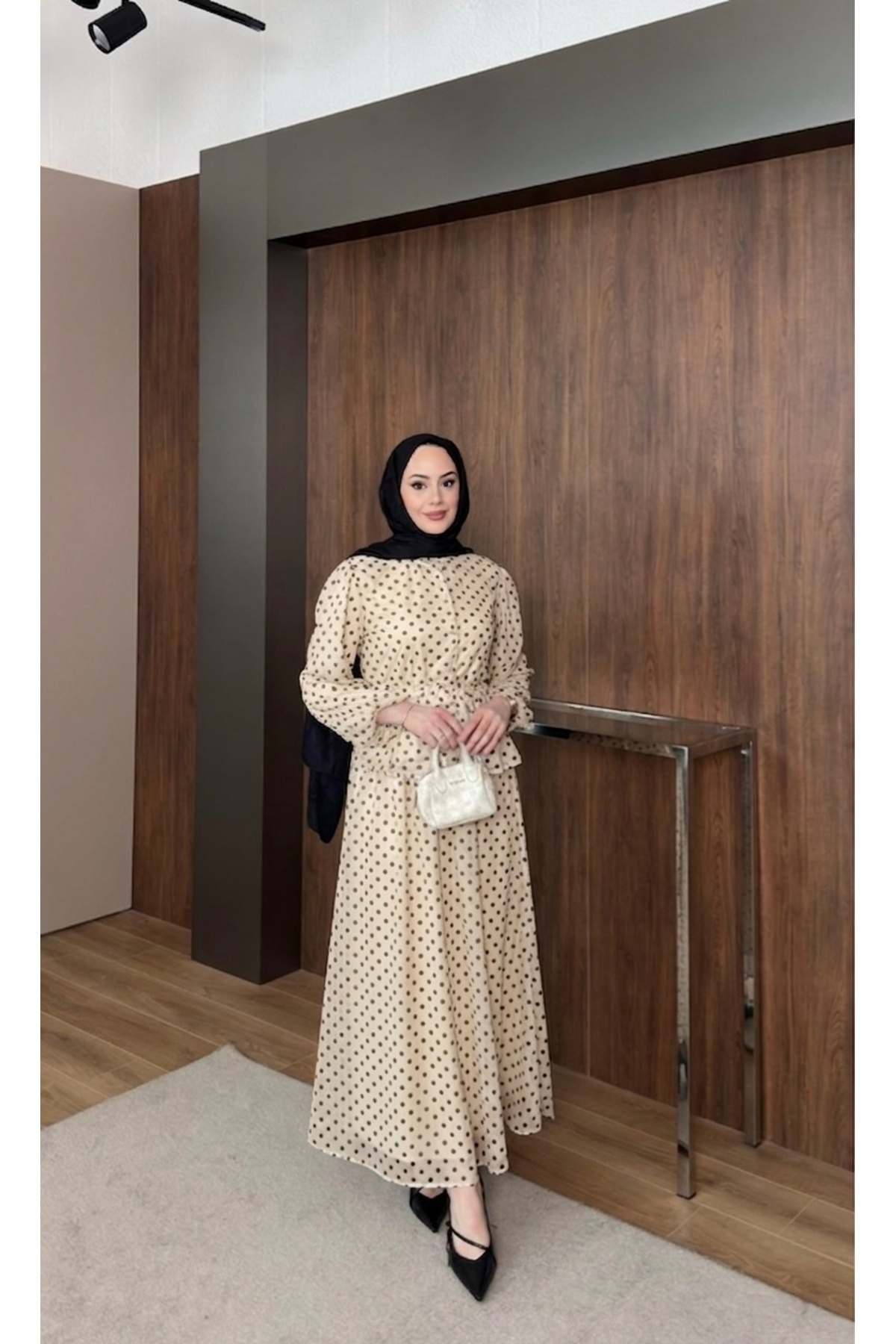 nurvina modest wear Polka Dot Lined Tulle Skirt Blouse Double Set Beige