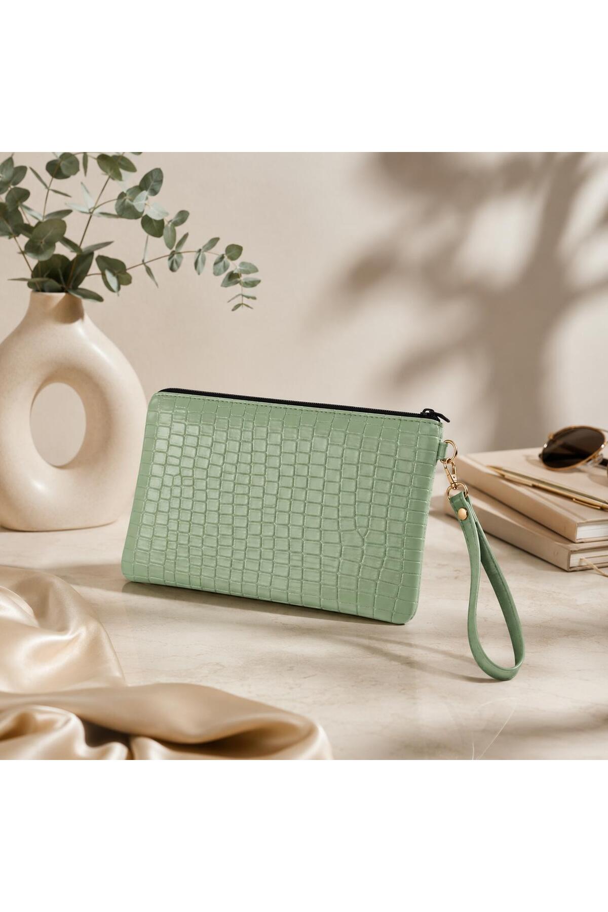 DİAMOND OUTLET Siyah - Lacivert, Bordo - Yeşil -14Cm Fermuarlı Şık El Çantası Günlük Kullanım görsel 2