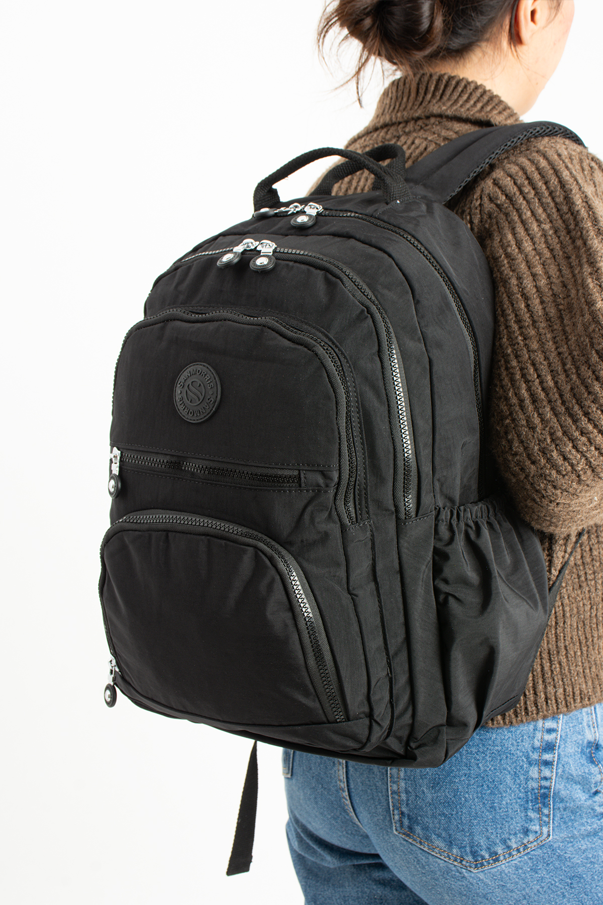 Sanmorris Ss 3013 Unisex Suya Dayanıklı Krinkıl Kumaş Çok Gözlü Orta Boy Laptop Okul Ve Sırt Çantası SİYAH Siy görsel 2
