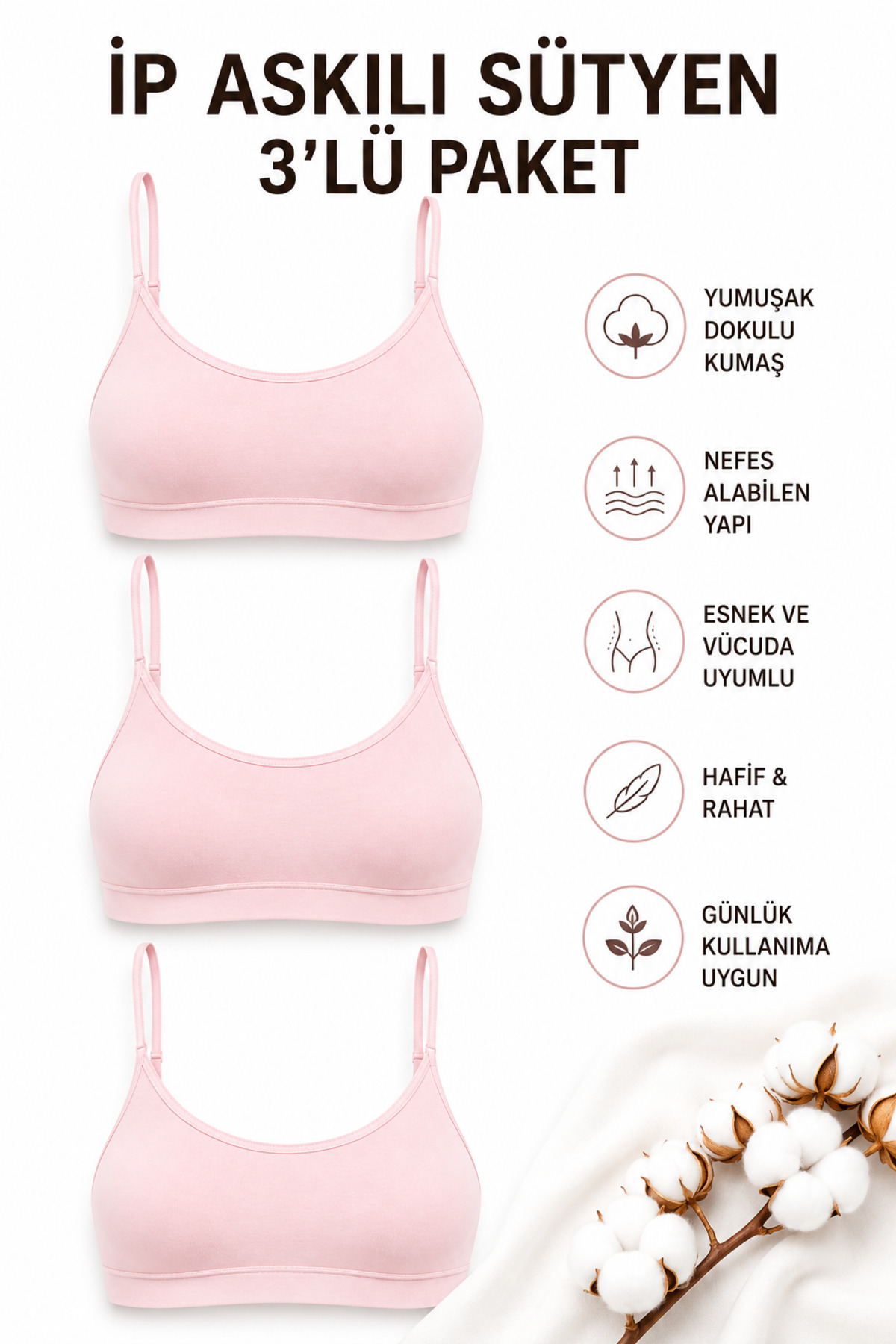 Mudcosıo Kadın İp Askılı Pedli Sütyen 3'lü Paket Pamuklu Esnek Rahat Bralet Sporcu Sütyen