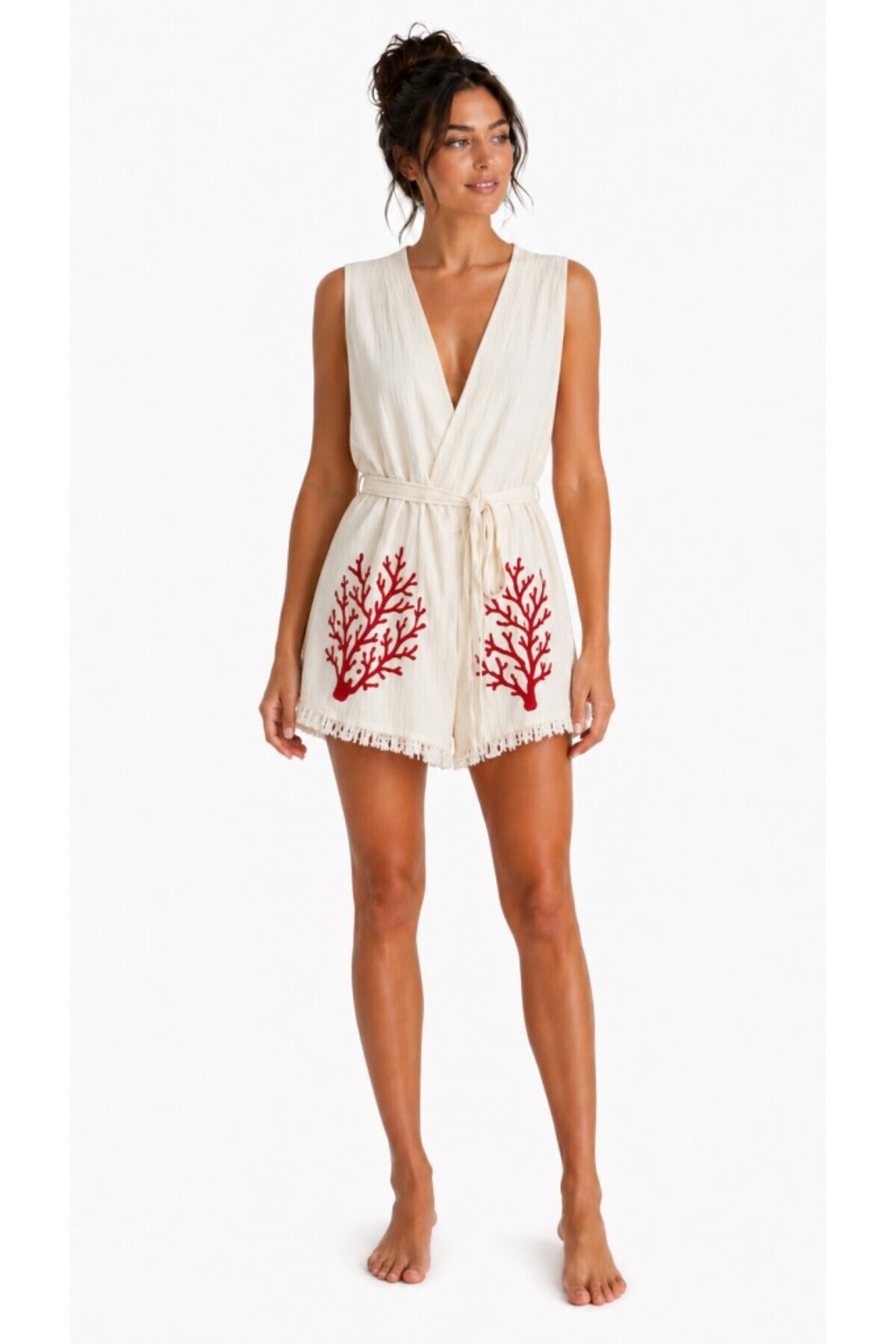 Liora Muslin Sleeveless Kimono Bathrobe Tassel Detailed Oversized Comfortable Cut Beach and Daily Use