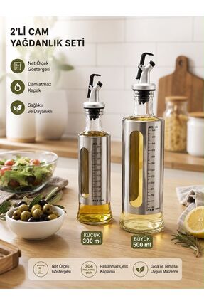 Pixue 2 Adet Sızdırmaz Kapaklı Ölçülü Cam Yağdanlık 500+300 ML Çelik Dereceli