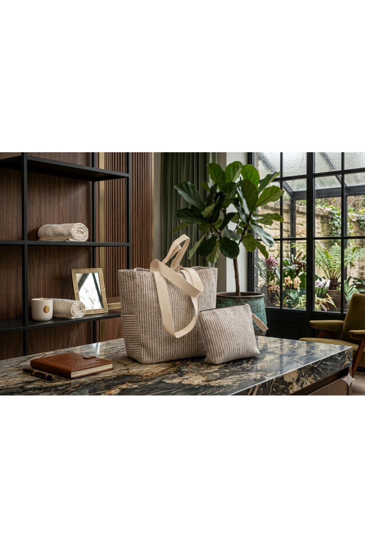 Faralya Life %70 Pamuk %30 Polyester Kadın Çanta Çıtçıtlı Siyah Çizgili Plaj Çantası %70 Pamuk %30 Polyester 26*21cm Makyaj Çantası Kombin görsel 3