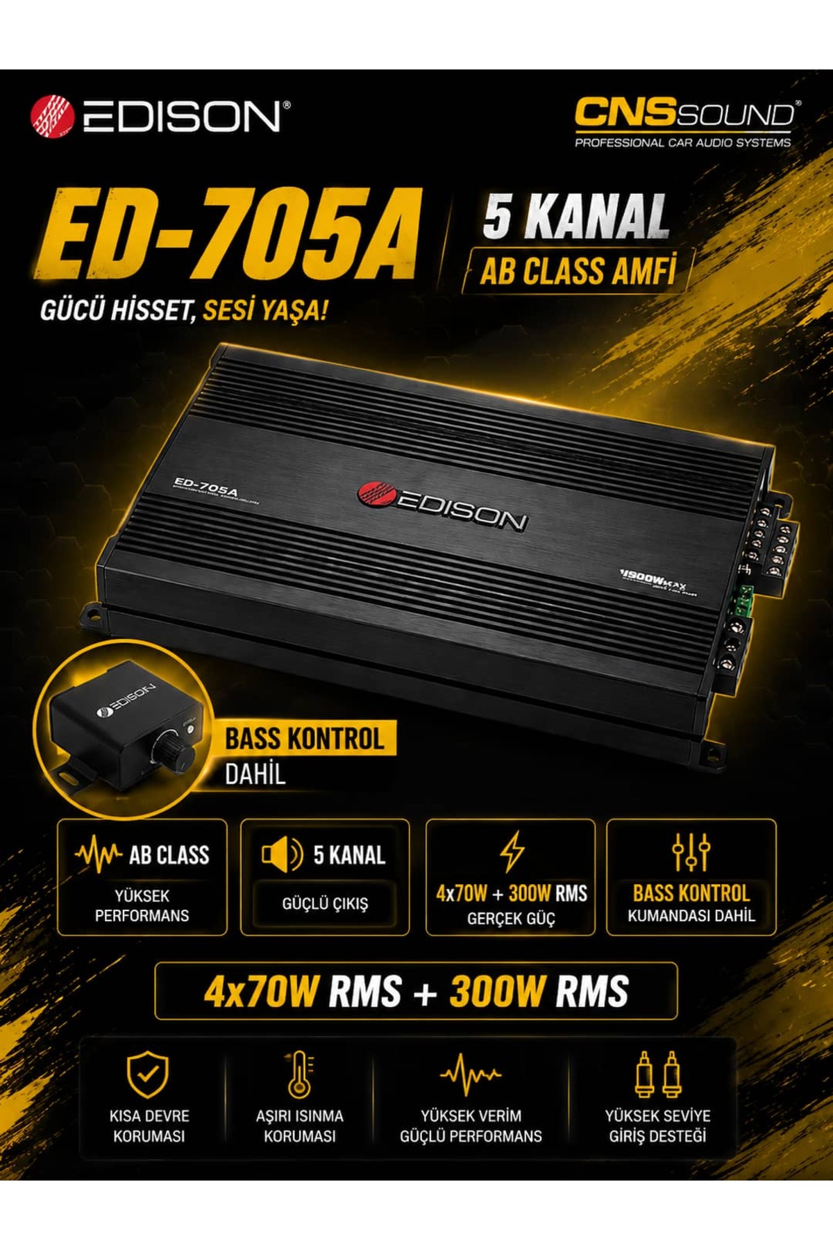 Edison ED-705A 5 Kanal Oto Amfi 4x70W + 300W RMS Bass Kontrol