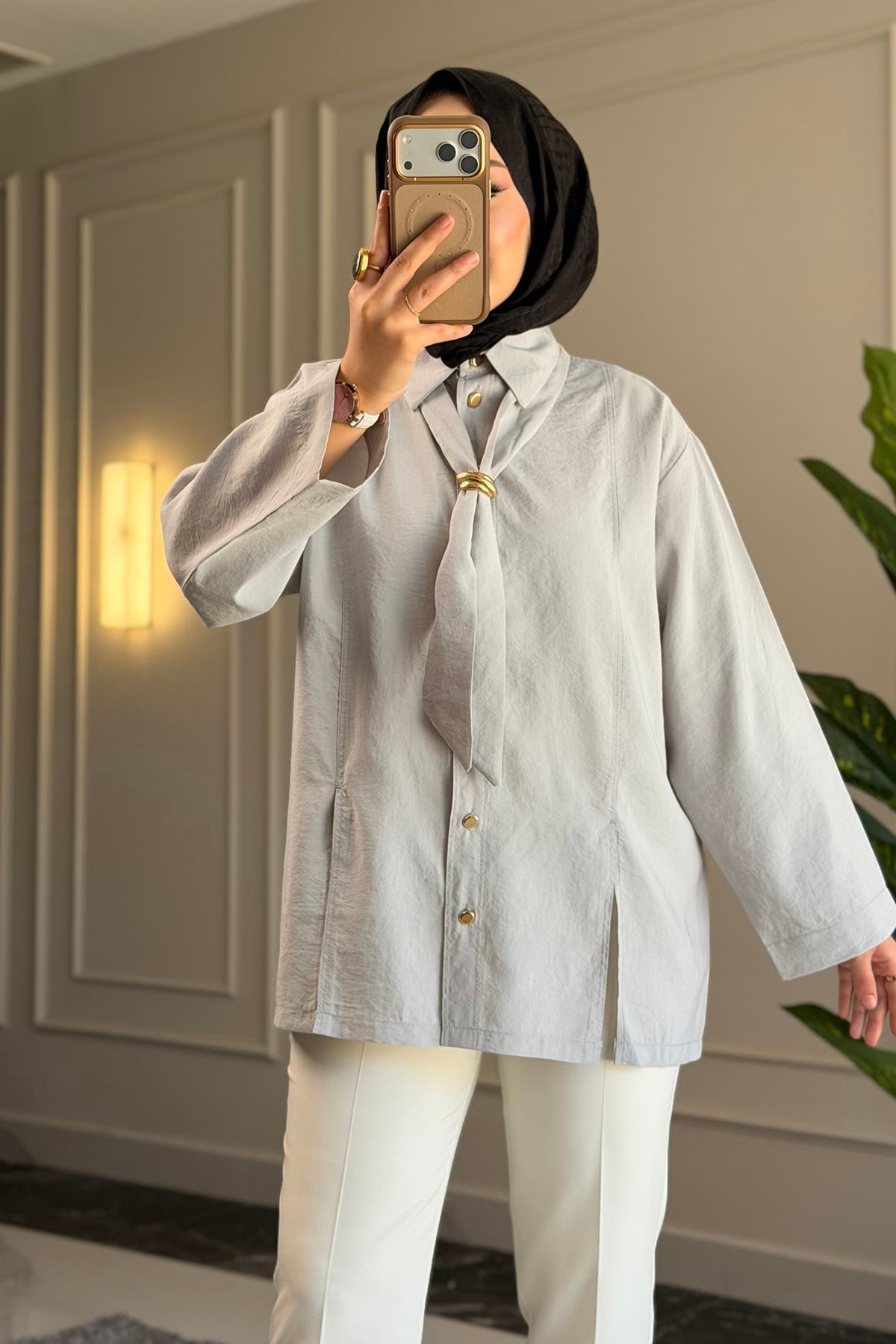 Suede Style  6463 - Şık Rahat Kravat Detaylı Dokuma Şeftali Kumaş Kadın Gömlek - Görsel 3