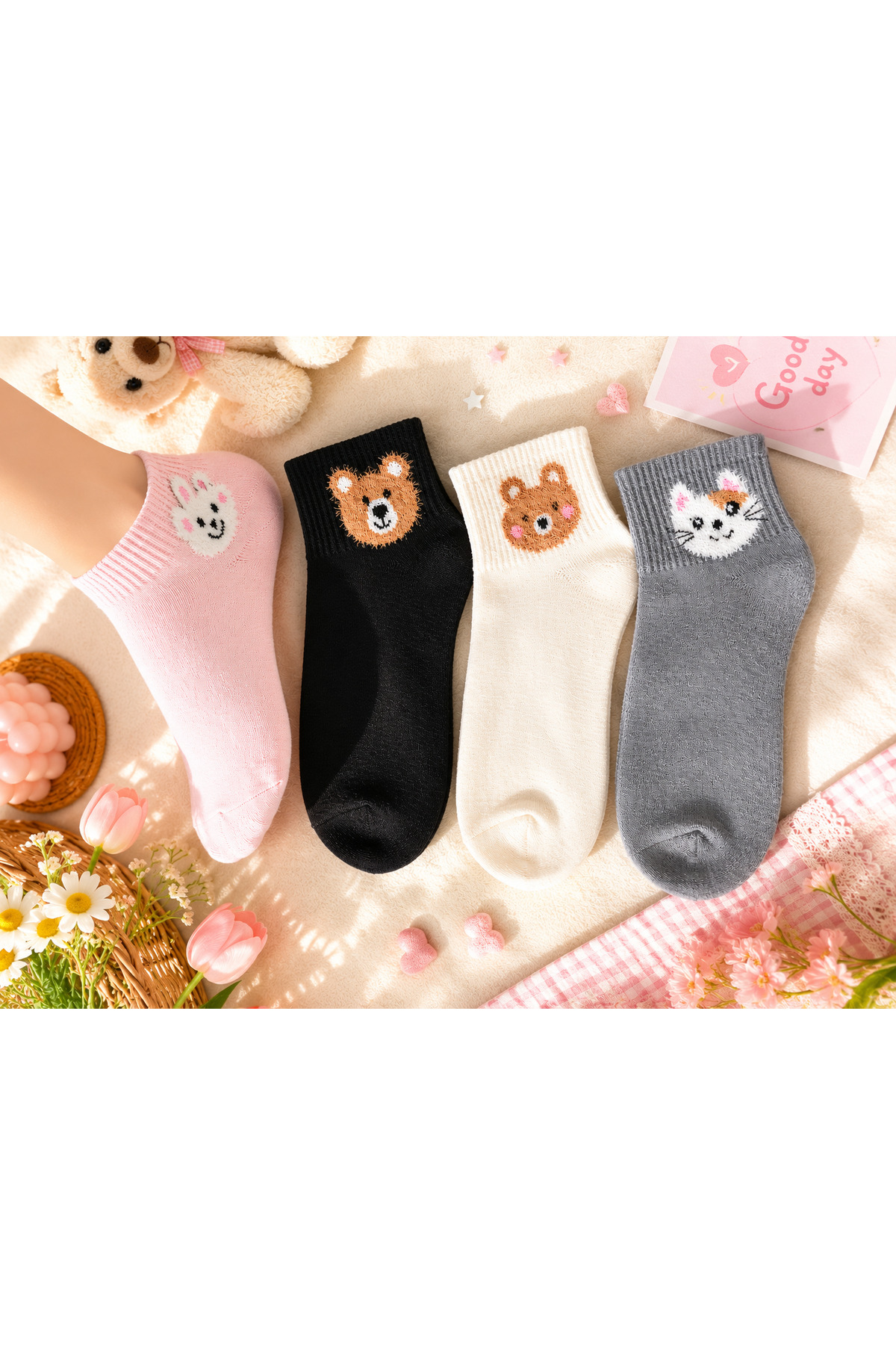 çorapmanya 4 Çift Çok Renkli Tüylü Teddy Bear Desenli Tenis Yarım Konç / Kolej Çorap görsel 3