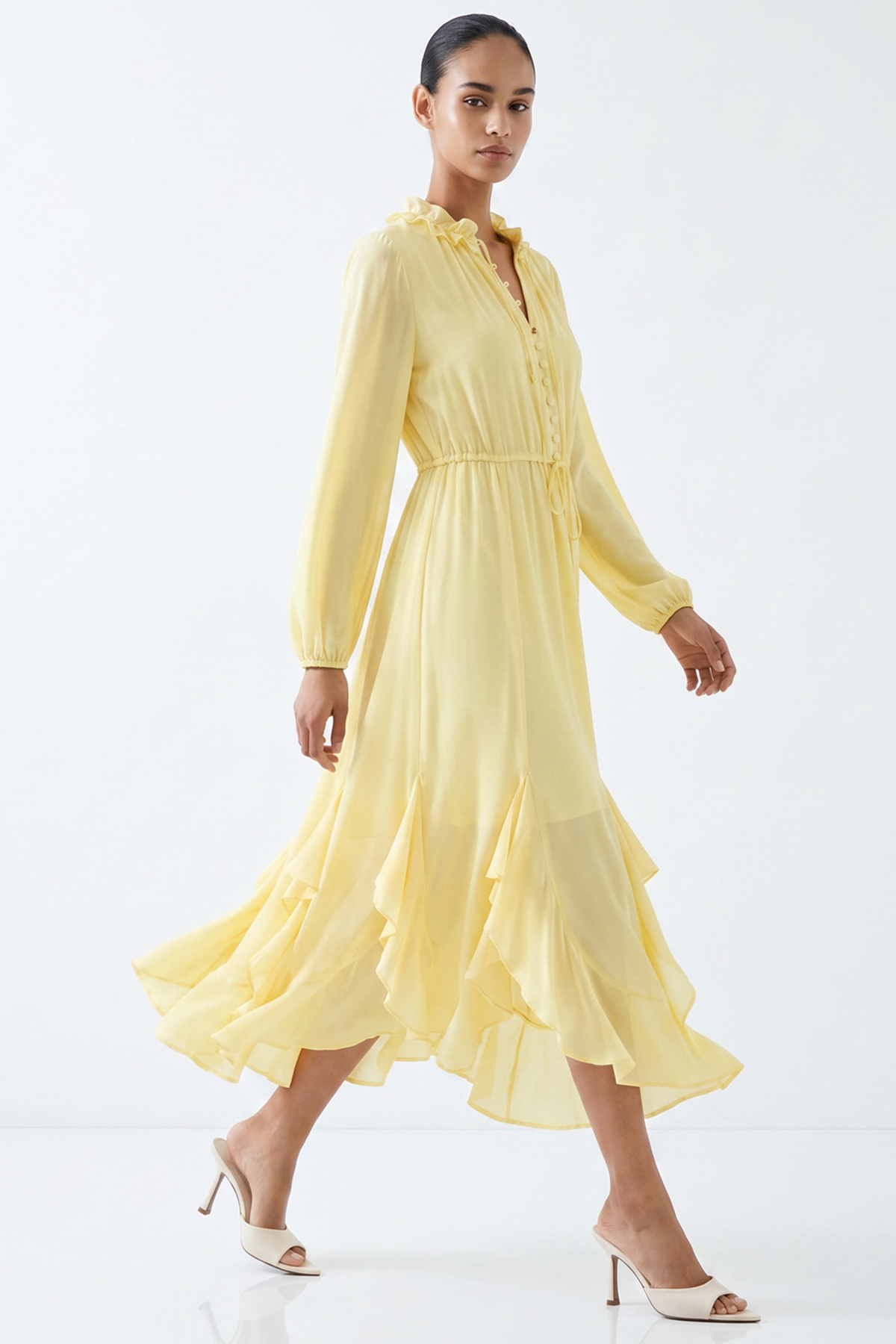 Exquise Long Sleeve Tie-Waist Skirted Regular Midi Dress