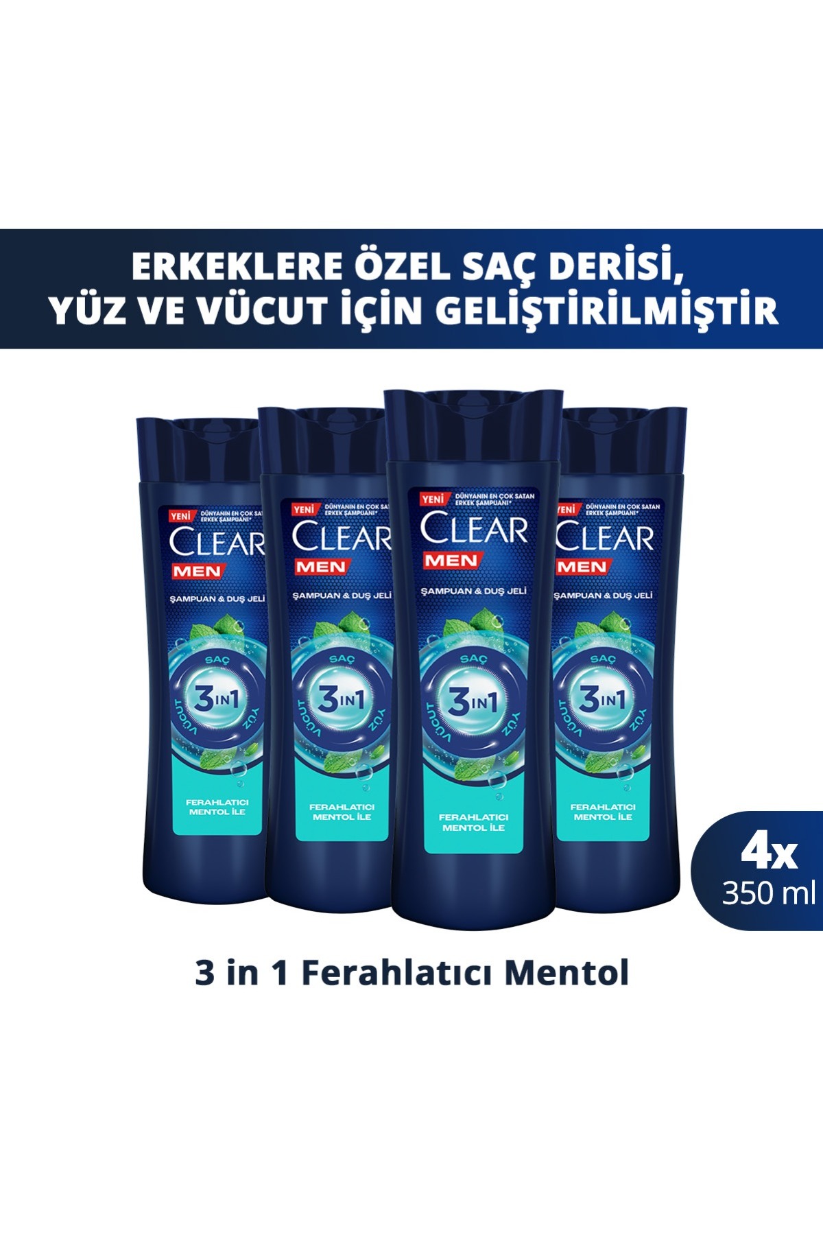 Clear Men 3 in 1 Şampuan & Duş Jeli Ferahlatıcı Mentol Saç Yüz Vücut İçin 350 ml x4 — SET.UNİ.11298