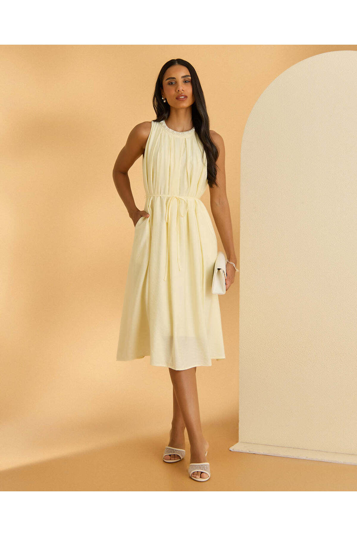 REDTAG Women Ivory Sleeveless Midi Dress