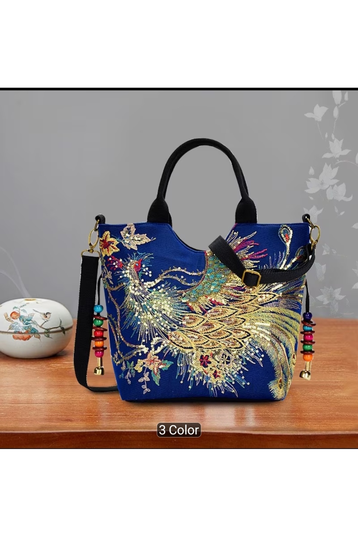 Z1 Home Trend Tavus Kuşu İşlemeli Büryük Kapasiteli Omuz Askısı Crossbody Retro Tuval Omuz Çantası