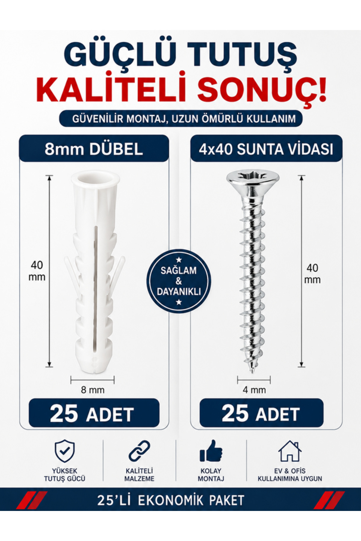 GenelTedarik 50Lİ VİDA DUBEL SETİ 4x40 8mm