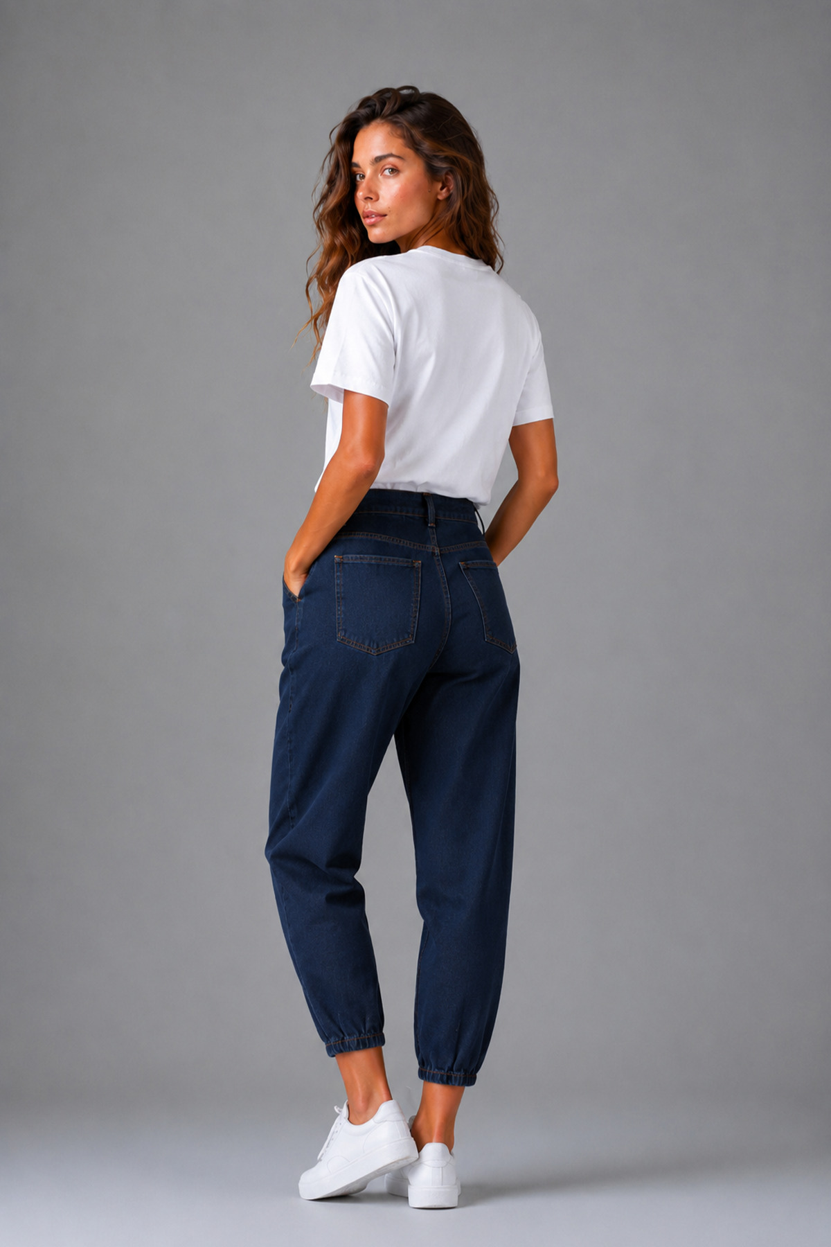 Denvy Denim Kadın Koyu Mavi Yüksek Bel Pens Detaylı Dar Paça Boyfriend Jean görsel 5