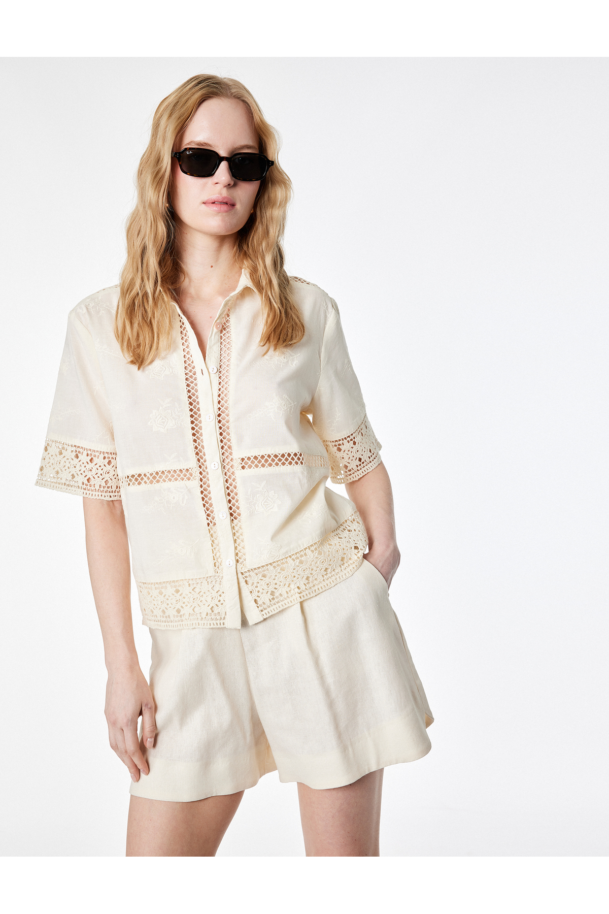 Koton Cotton Floral Textured Lace Crochet Detailed Short Sleeve Crop Shirt