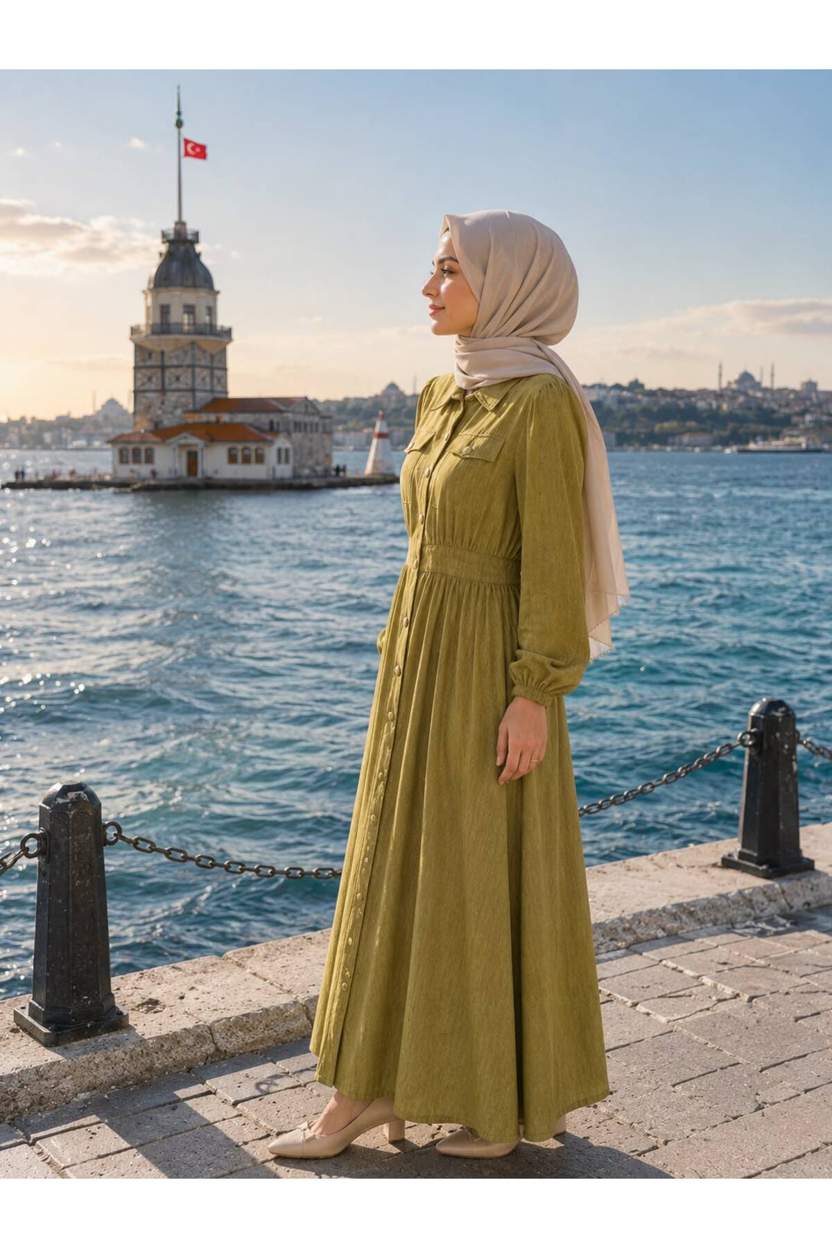PAYİNİ Shirt Collar Gold Button Detailed Dress Maxi Length