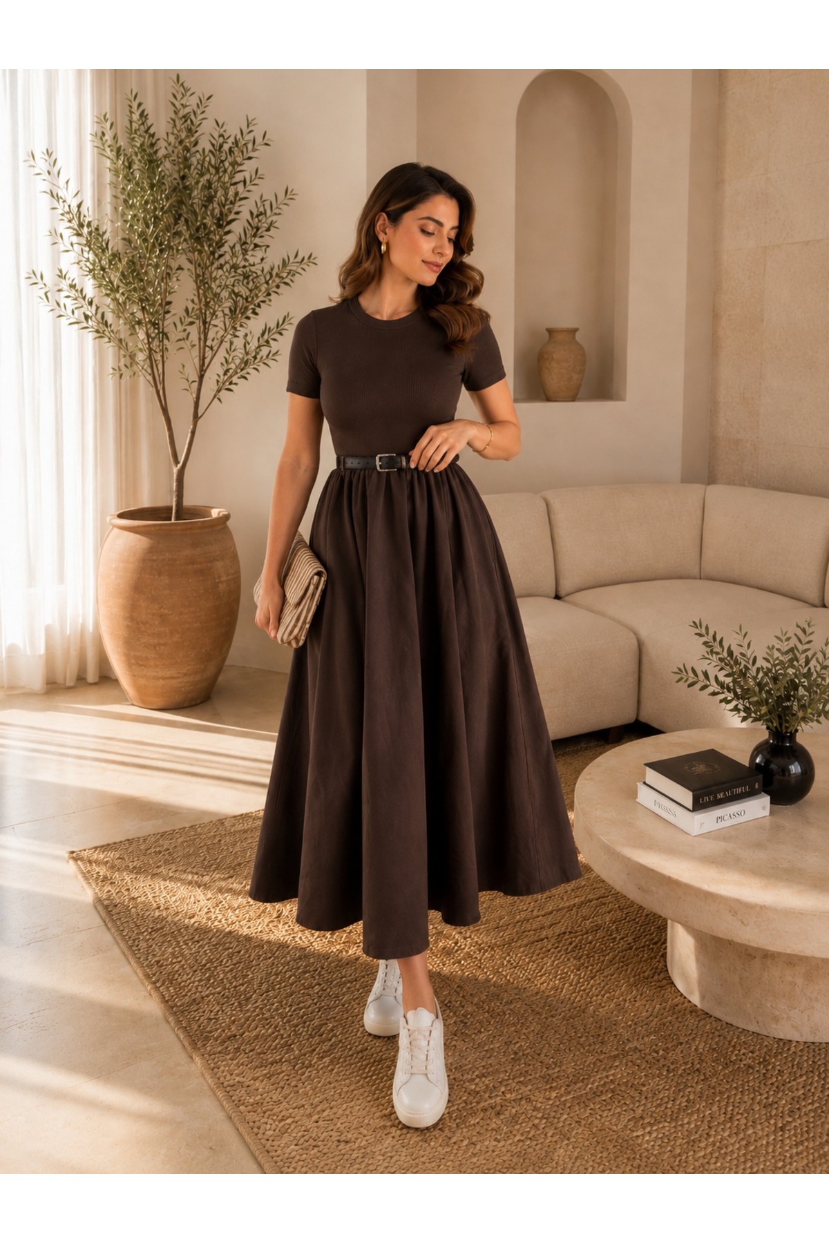 unika boutique Kadın Kemerli Poplin Midi Elbise görsel 2
