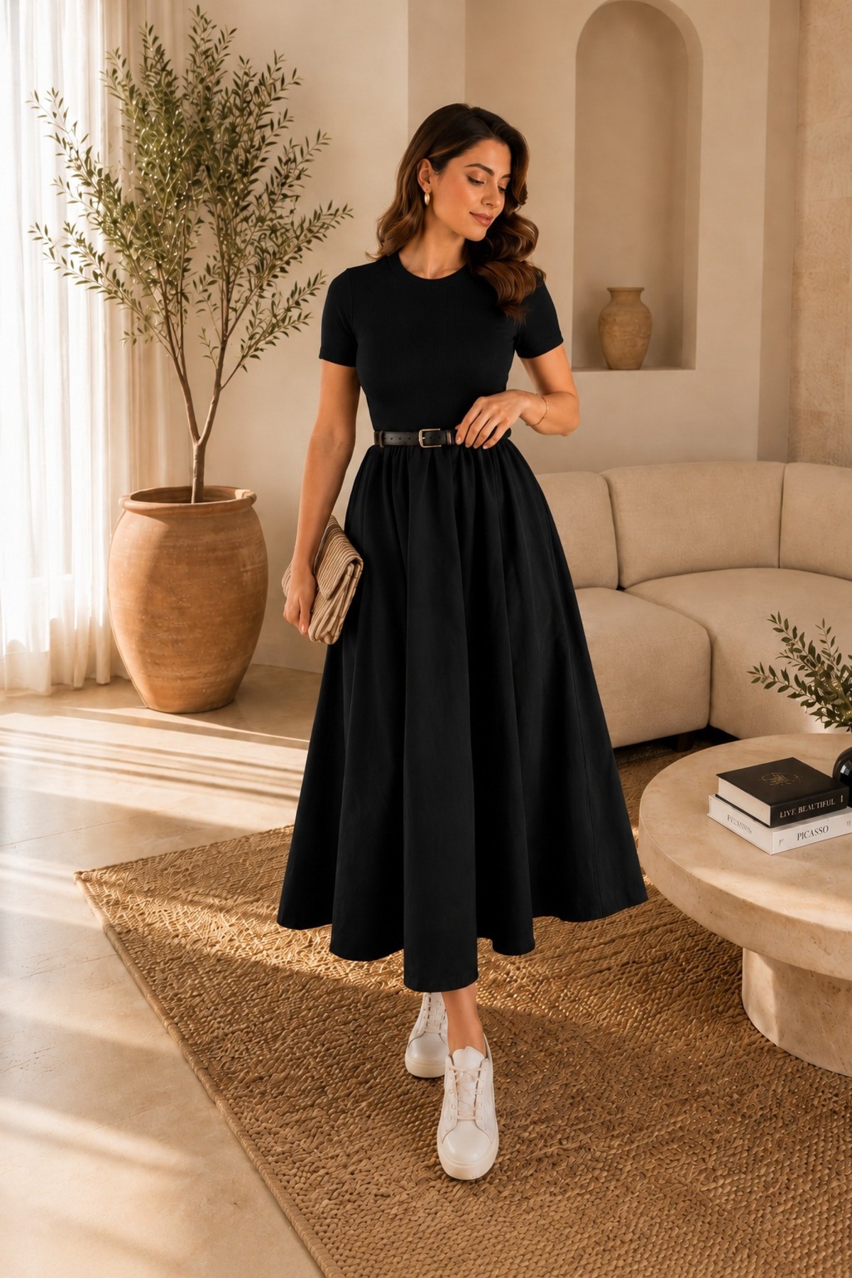 unika boutique Kadın Kemerli Poplin Midi Elbise görsel 3