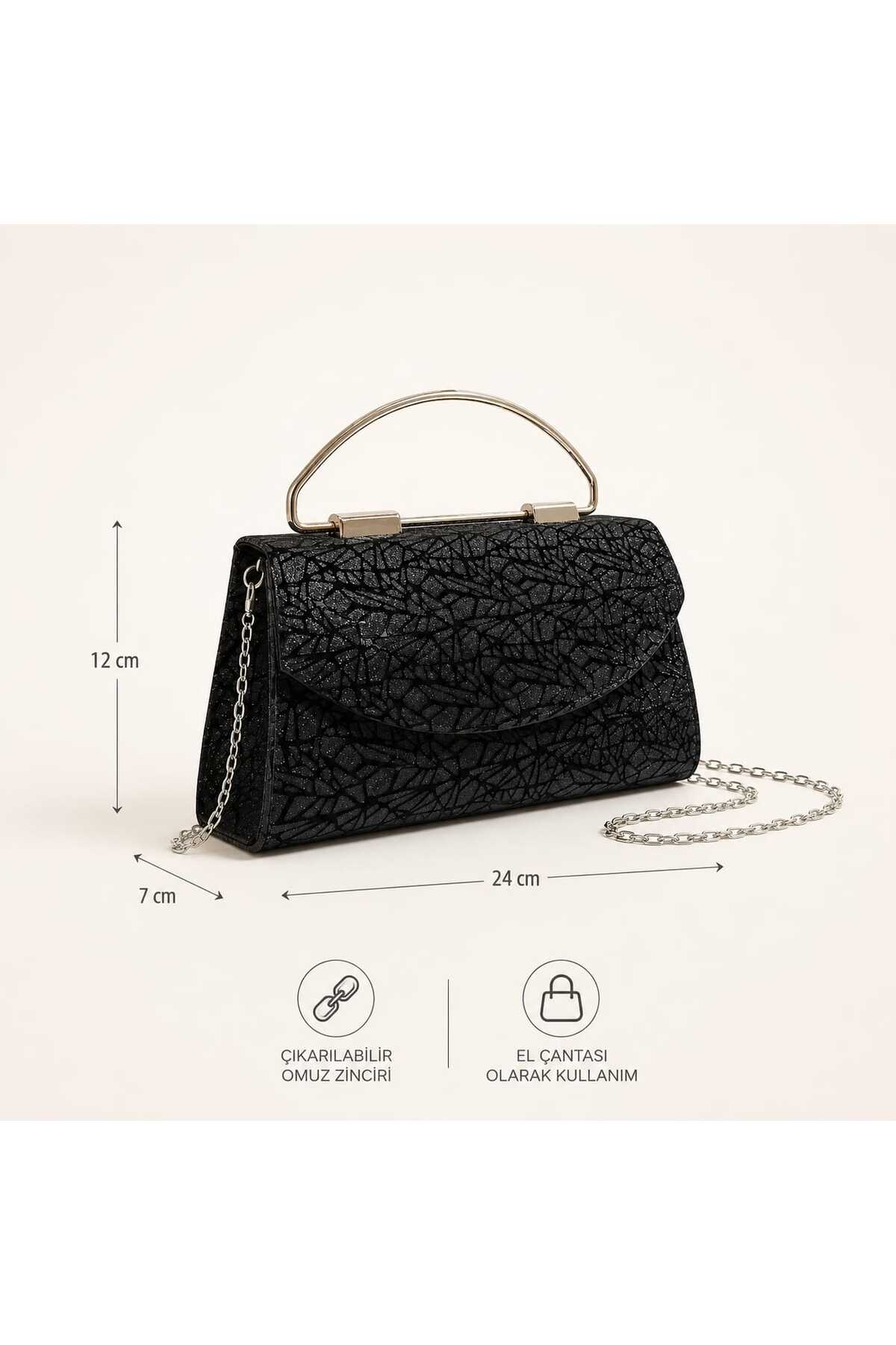 ZİVORA Kadın Simli Abiye Çanta Kırık Cam Desenli Zincir Askılı Portföy Clutch El ve Omuz Çantası 24x12x7 cm görsel 3