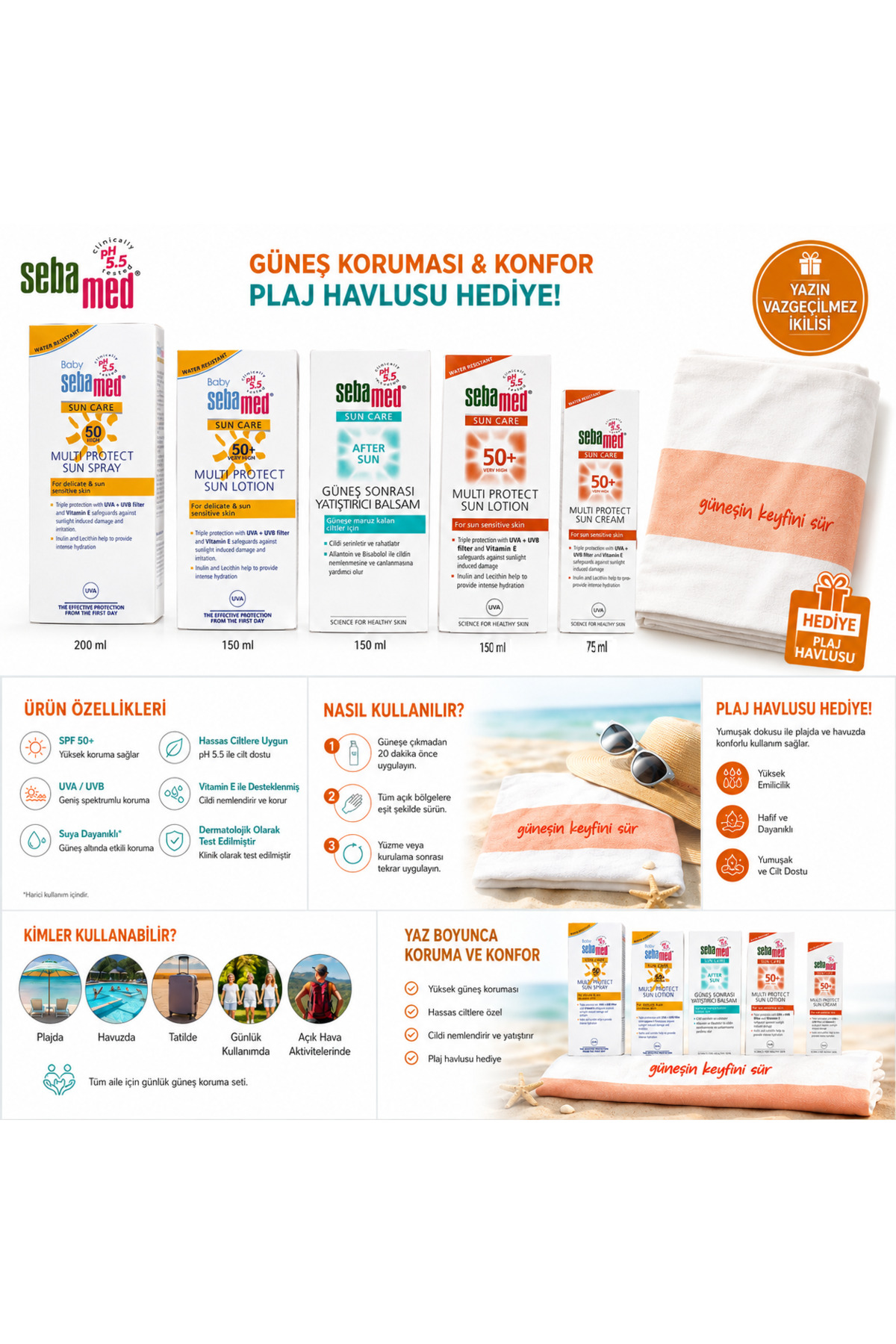 Güneş Koruma SPF 50+ 4 Parça Güneş Kremi + 1 Parça Güneş Sonrası + Plaj Havlusu Hediye — SEBAMED5+HAVLU — تصویر 4 از 7