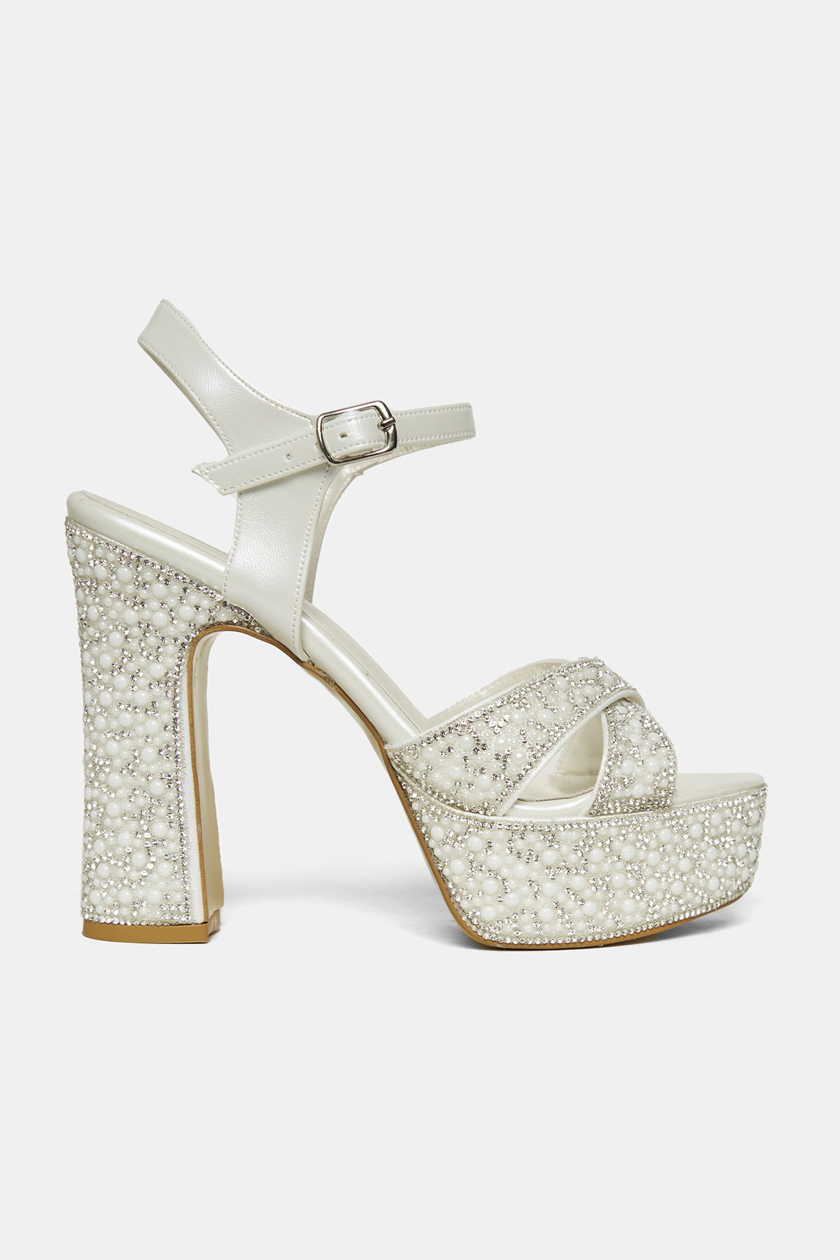 Crystal Kadın Metalik Deri Bilekten Bağlamalı Strass Taşlı 13cm Topuklu Platform Ayakkabı