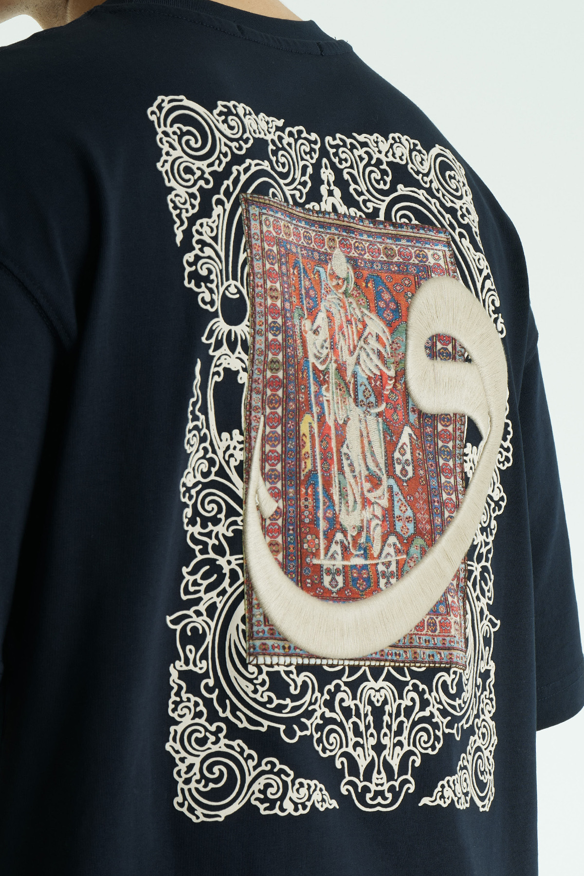 SHANBERWEAR Vav Nakışlı & Halı Motifli Oversize Erkek Tişört %100 Pamuk Bisiklet Yaka - Lacivert görsel 6