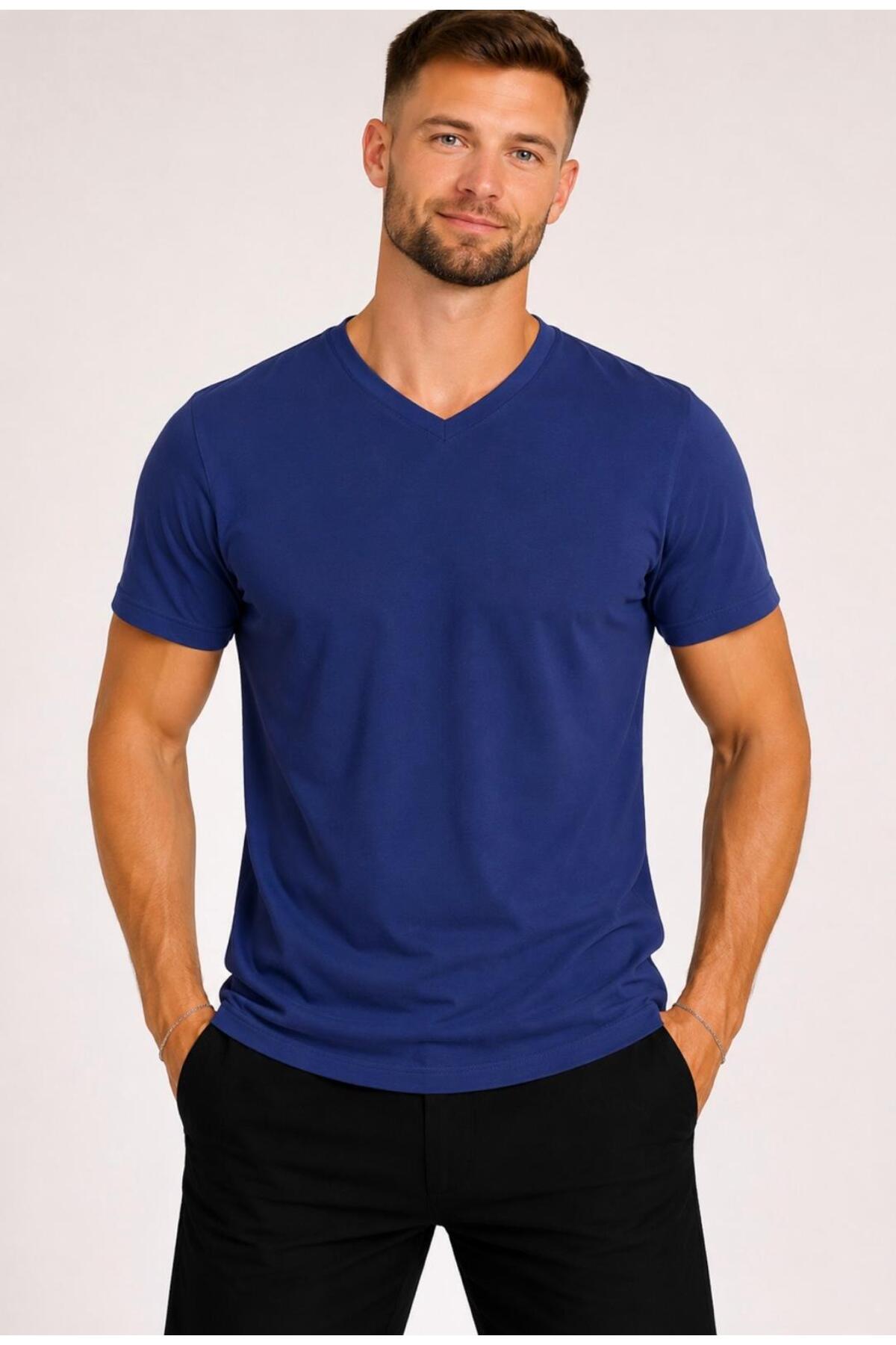 Men's Dark Indigo Cotton V-Neck Short Sleeve T-shirt-d804