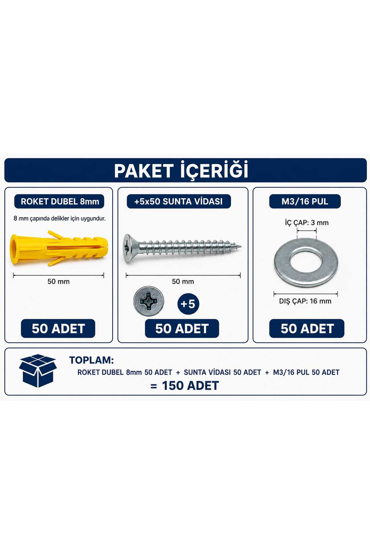 Üstün VİDA DUBEL PUL SETİ 150PCS (5X50 VİDASI 8MM ROKET DUBEL 3/16PUL)