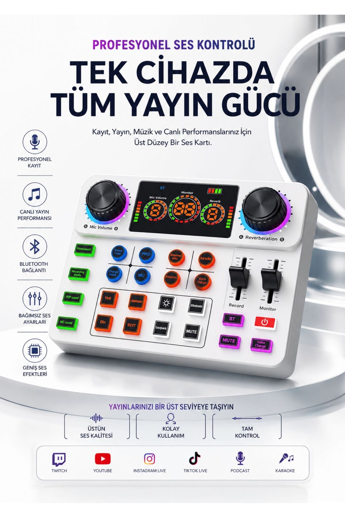 Asfal Profesyonel Canlı Yayın Ses Kartı Bluetooth Podcast Mikrofon
