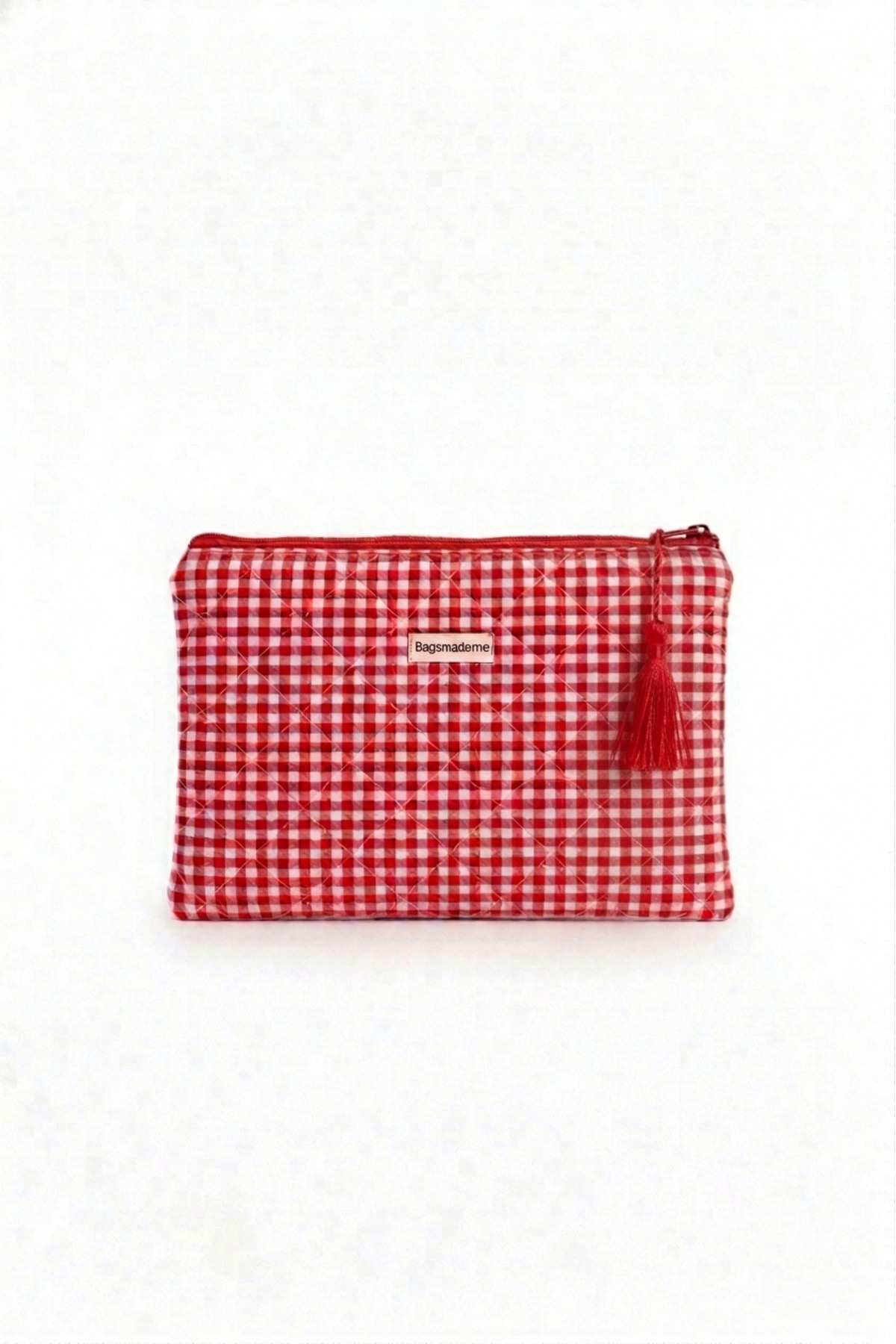 BagsMadame Kırmızı Pötikare Desenli Tek Bölmeli Fermuarlı Clutch Portföy El Çantası 28x20 Cm