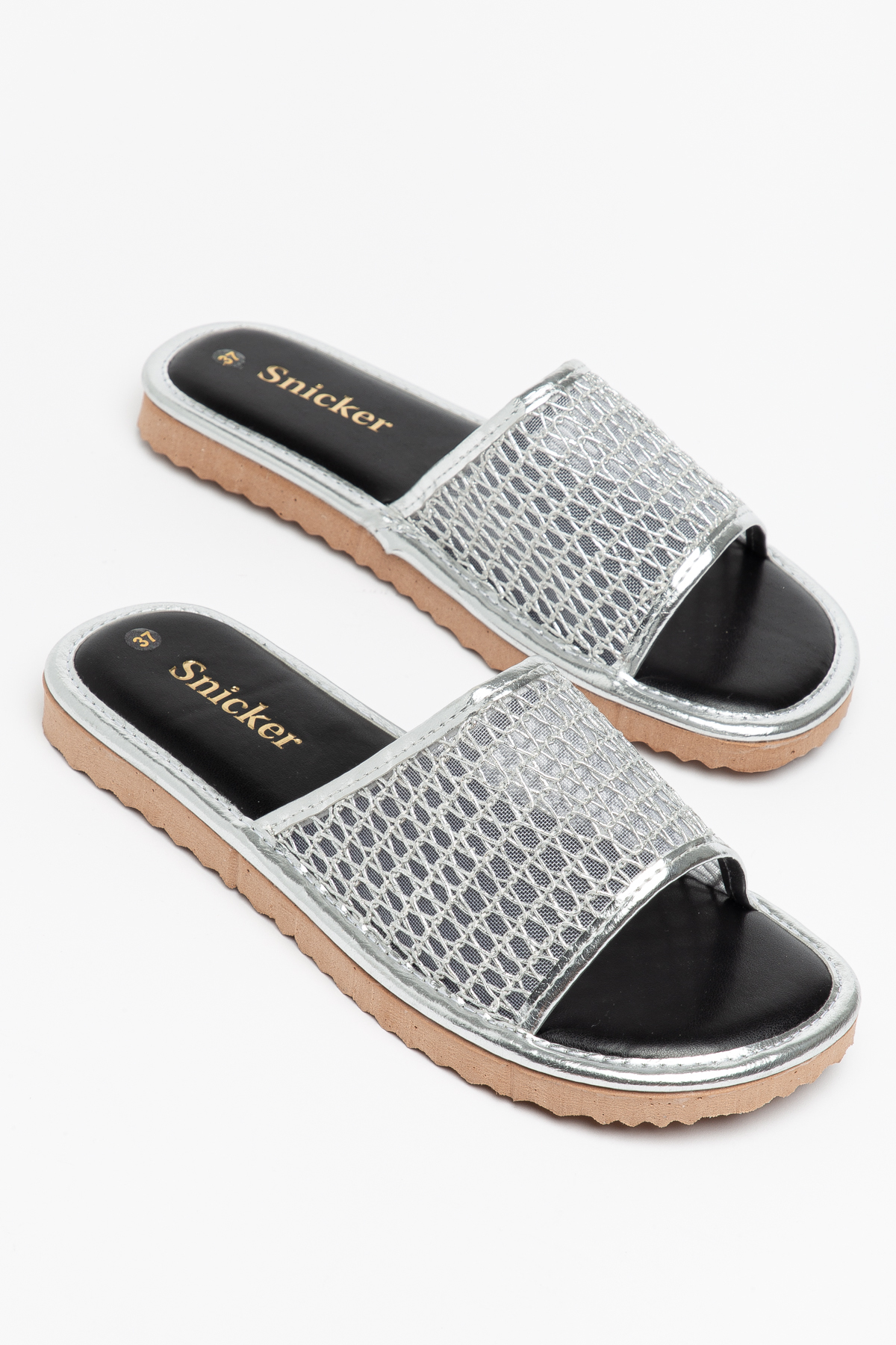 Women's Flat Slipper Casual Shoes with Silver Mesh Knitting Detail