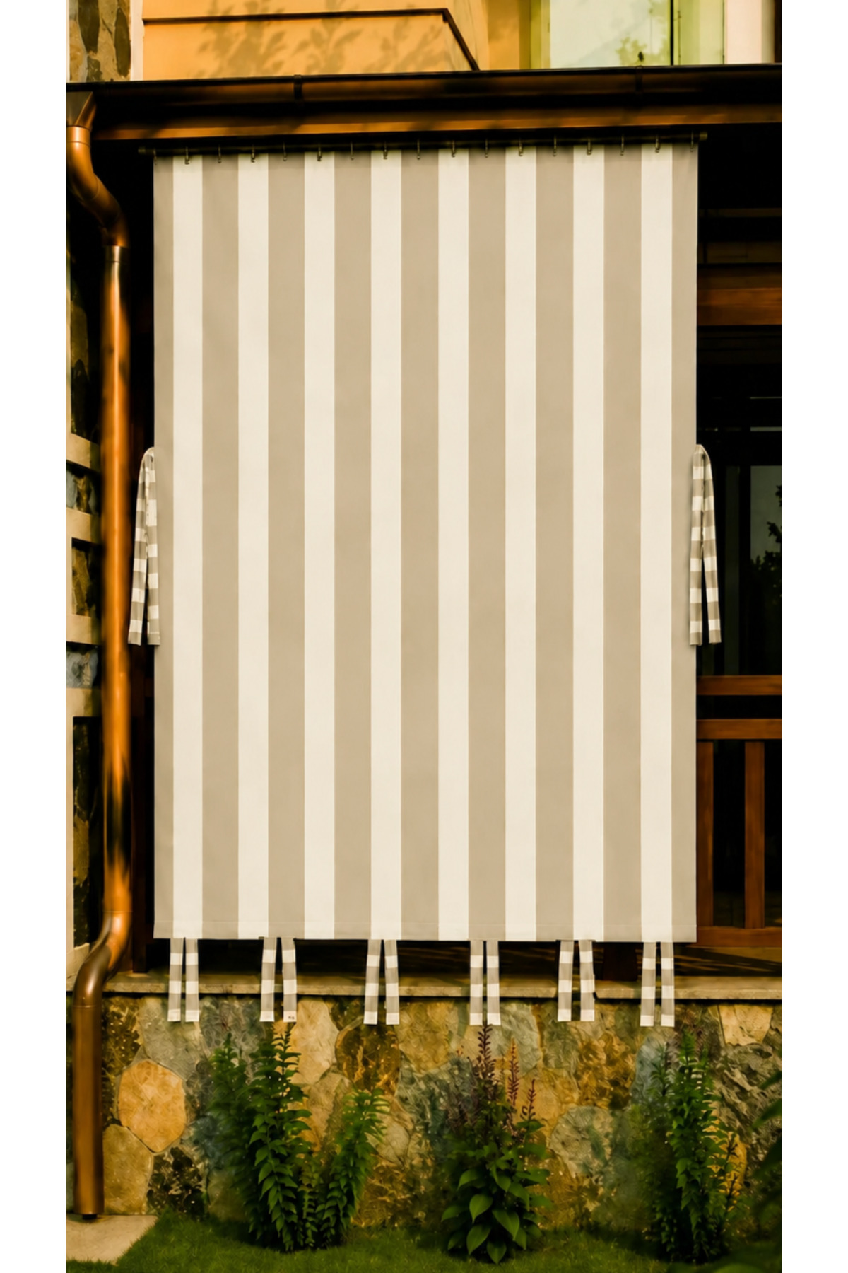 Waterproof Cornice Balcony Curtain Decorative Striped Model Beige Cream