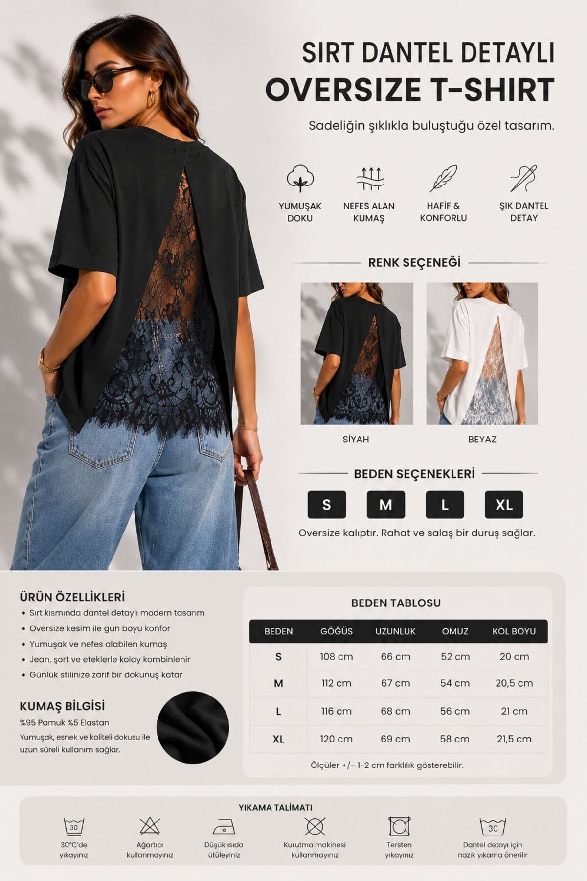 Myzen Sırt Dantel Detaylı Oversize T-Shirt Siyah